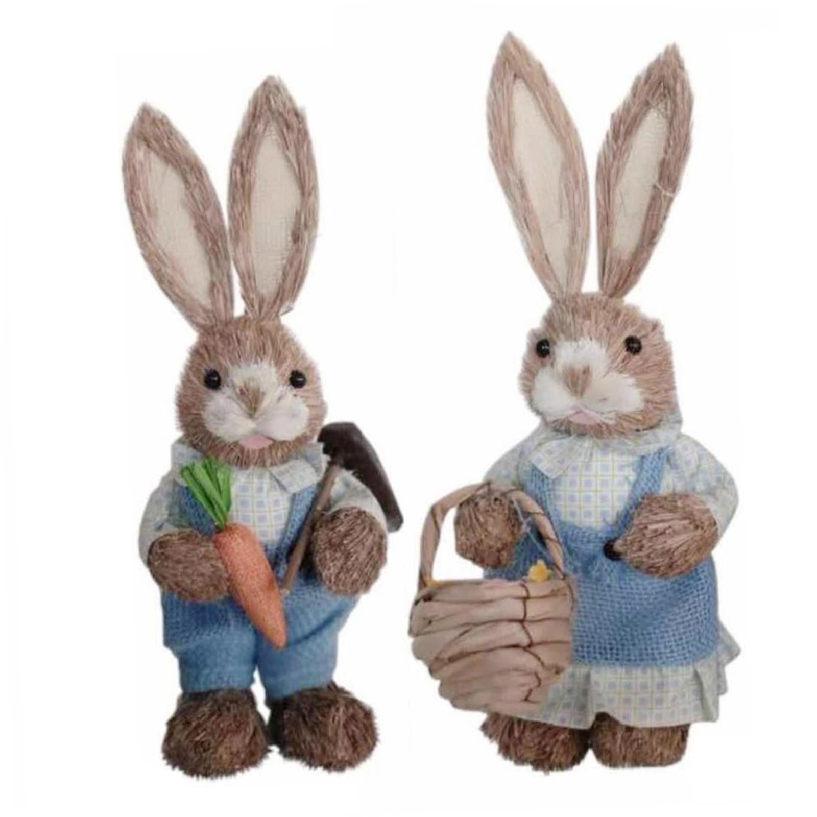 1 Pair Straw Easter Rabbit Decoration Bunny Figurines for Holiday Blue