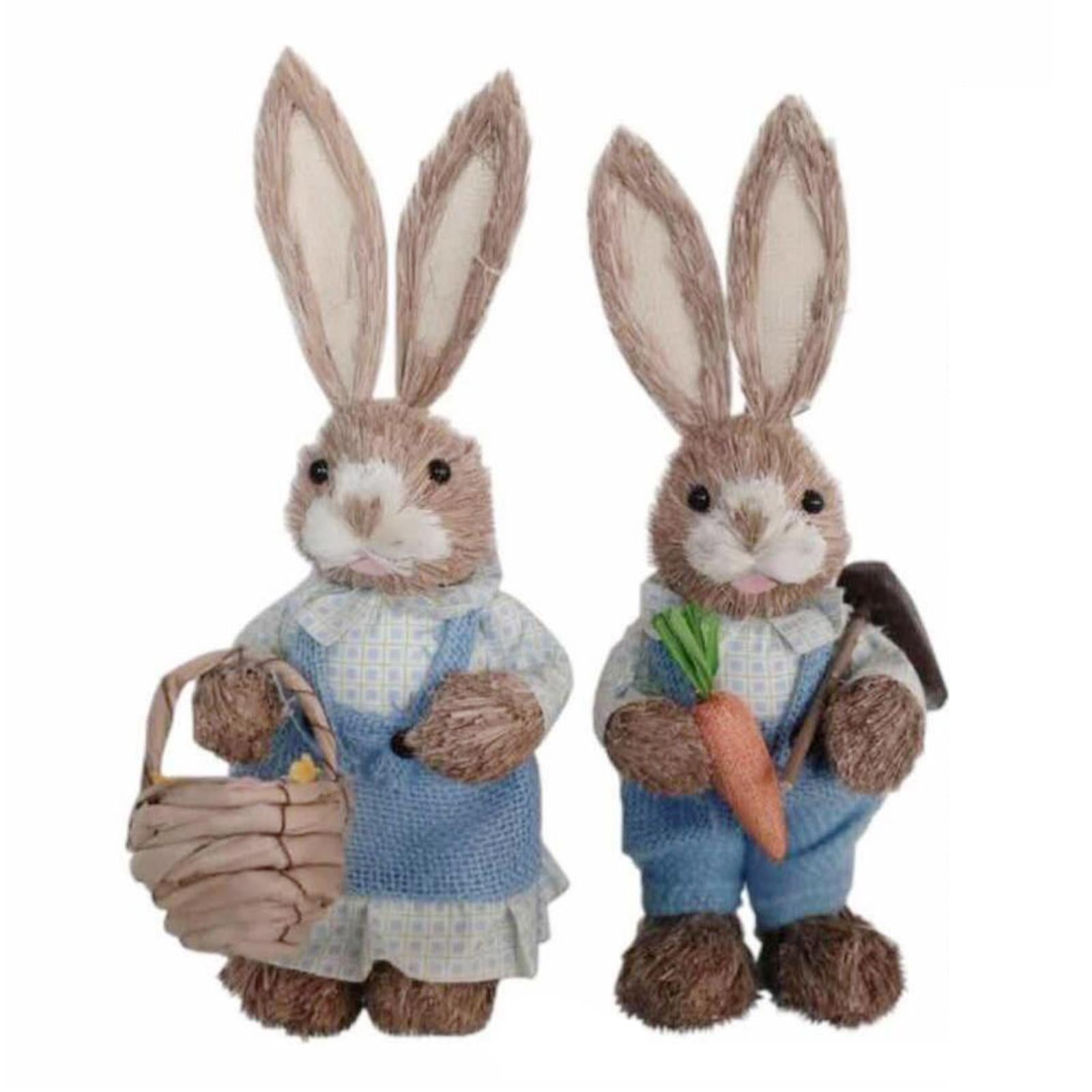 1 Pair Straw Easter Rabbit Decoration Bunny Figurines for Holiday Blue