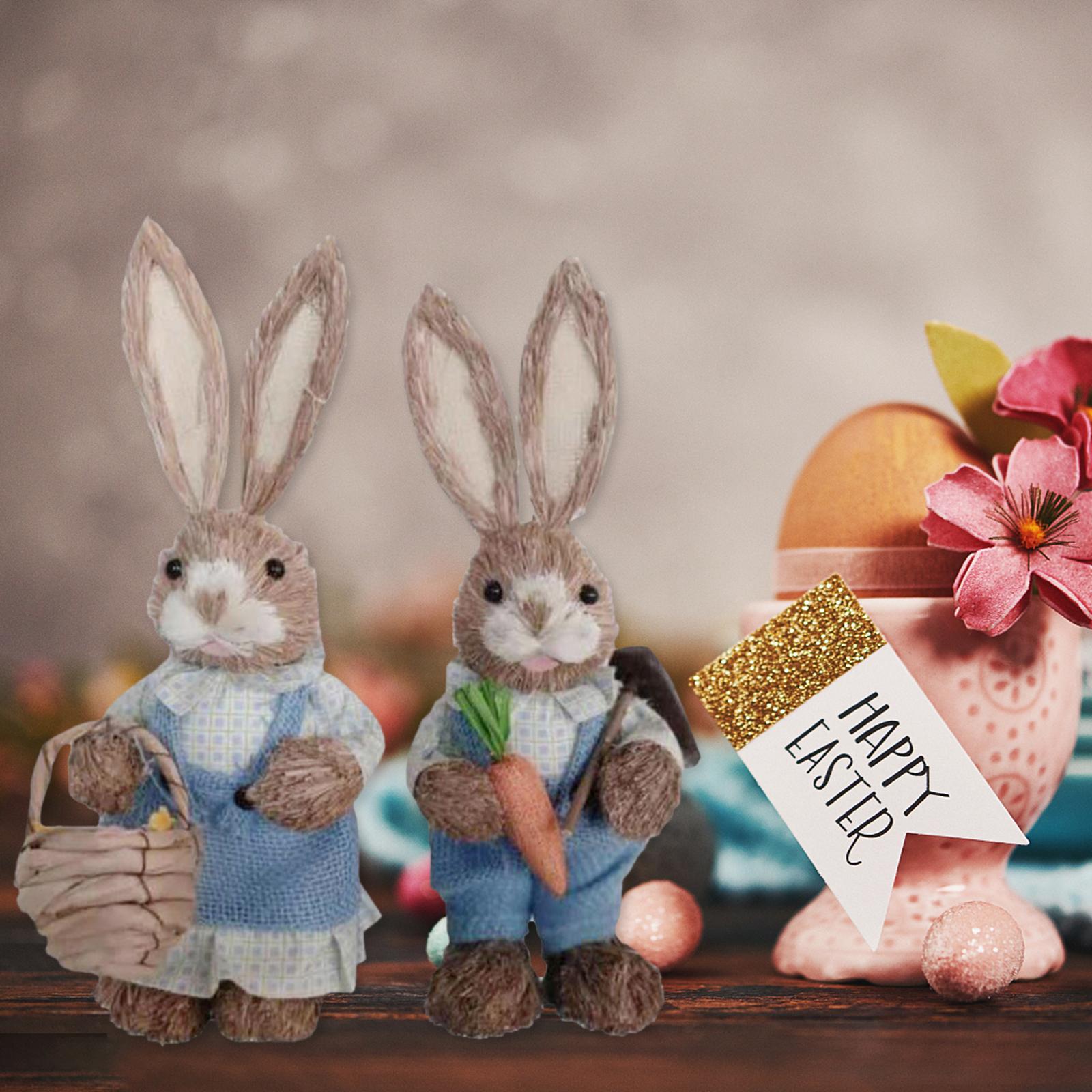 1 Pair Straw Easter Rabbit Decoration Bunny Figurines for Holiday Blue
