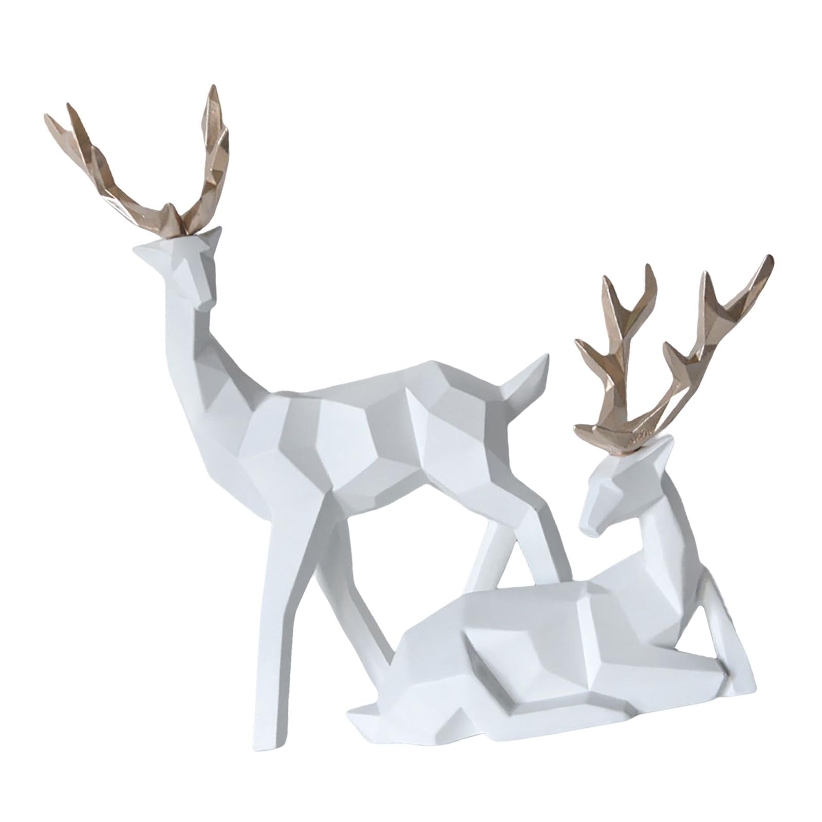 1 Pair Geometric Deer Statue Resin Elk Sculpture for Porch Decor White