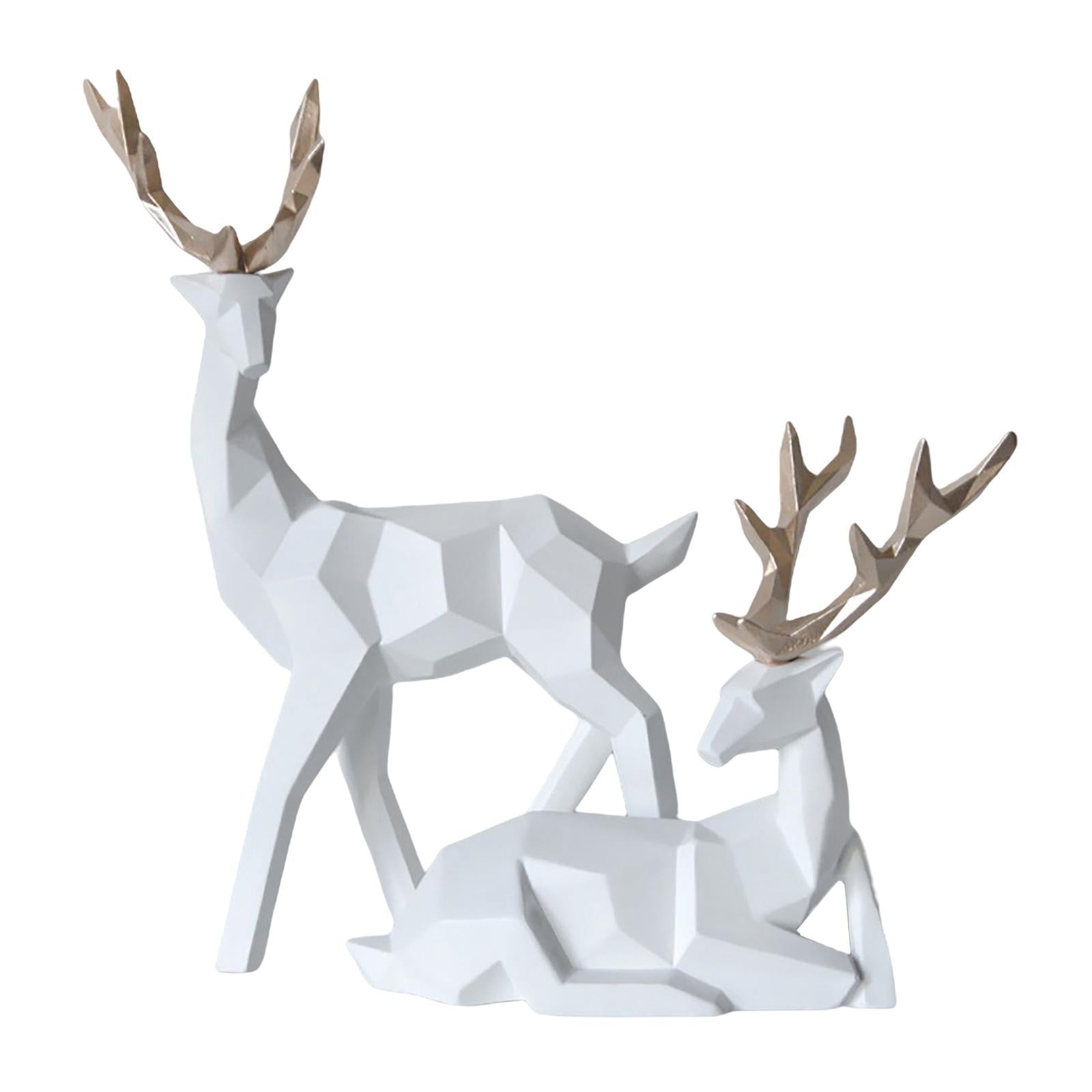 1 Pair Geometric Deer Statue Resin Elk Sculpture for Porch Decor White