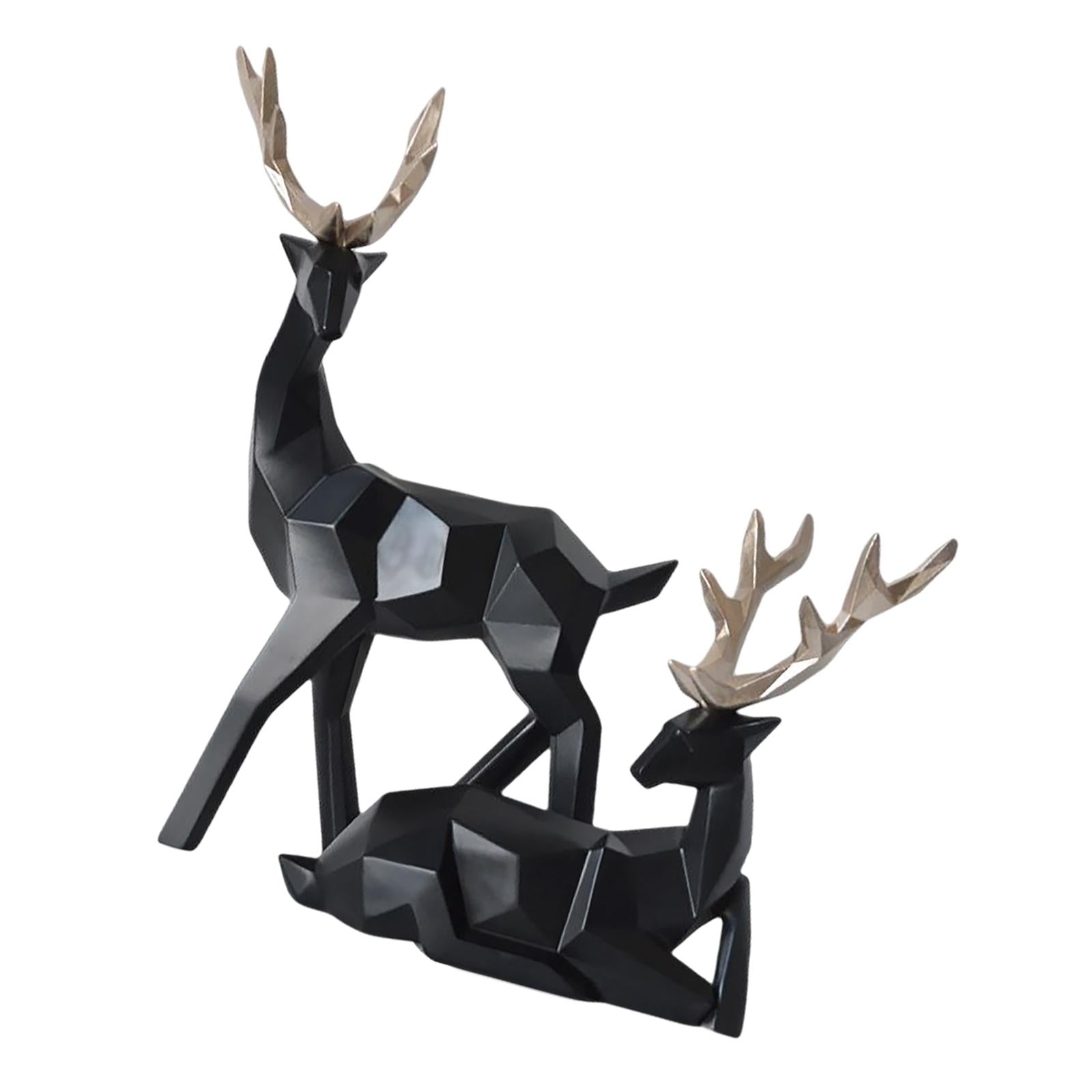 1 Pair Geometric Deer Statue Resin Elk Sculpture for Porch Decor Black