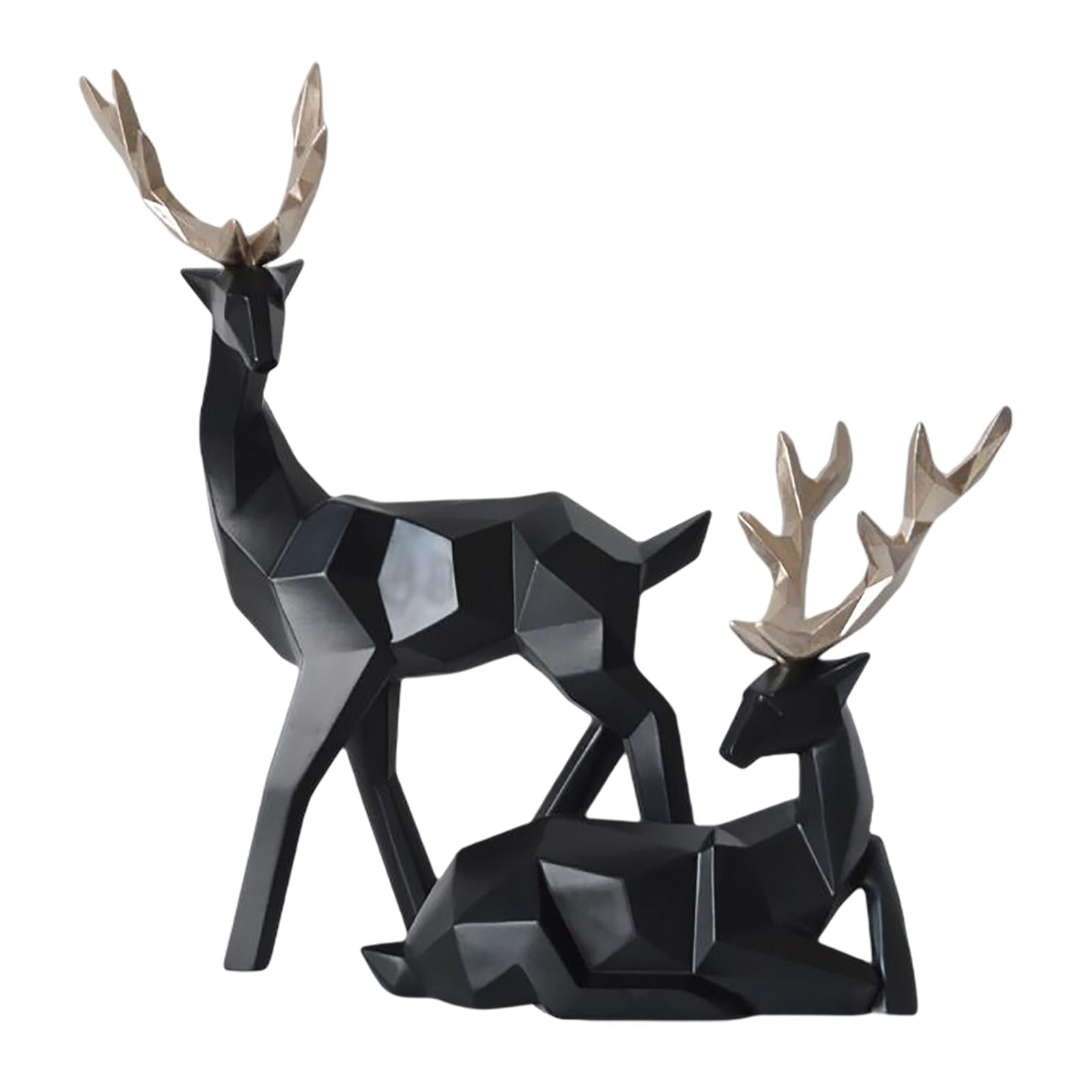 1 Pair Geometric Deer Statue Resin Elk Sculpture for Porch Decor Black