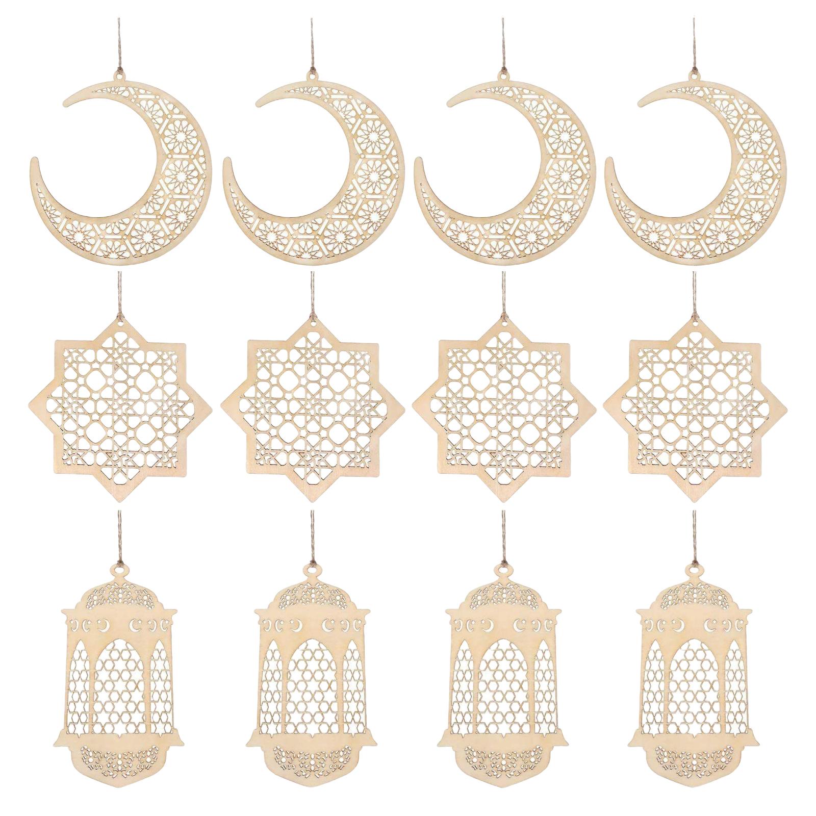 12x Wooden Eid Mubarak Ramadan Pendants Islam Muslim Hanging Table Ornaments