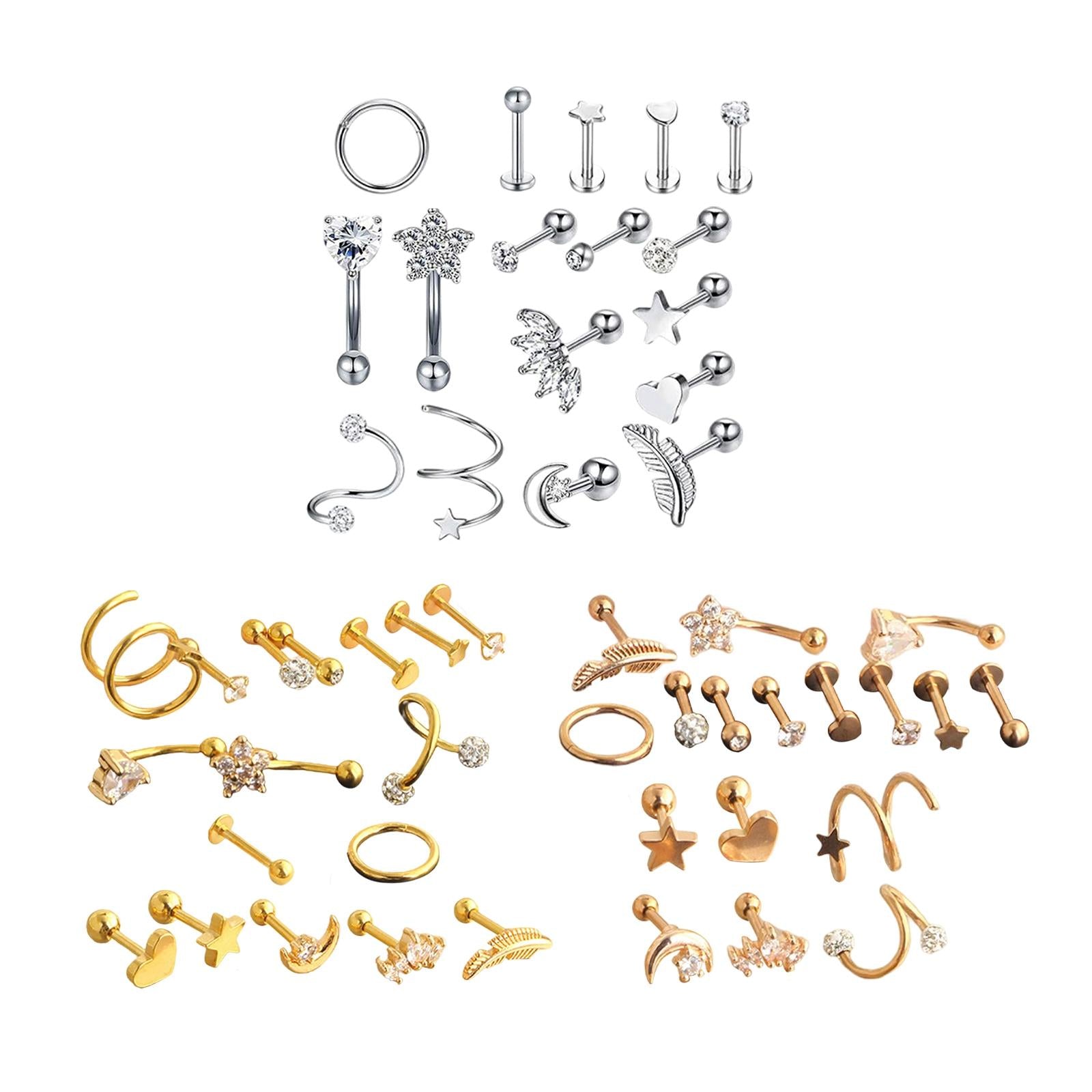 17Pcs Stainless Steel Ear Earrings Piercing Jewelry Nose Rings Silver