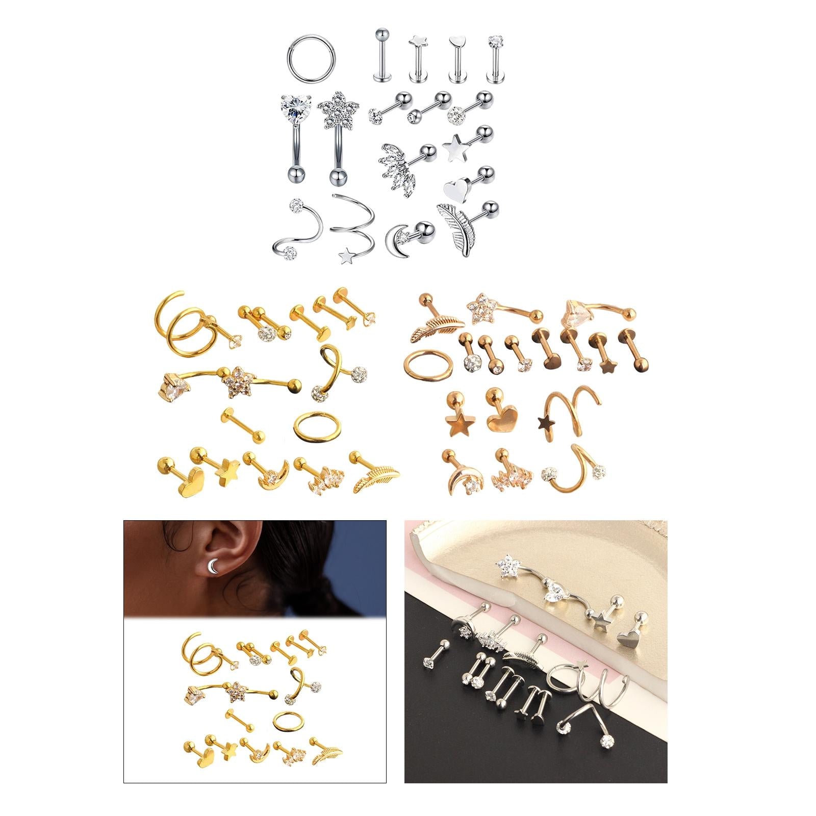 17Pcs Stainless Steel Ear Earrings Piercing Jewelry Nose Rings Silver
