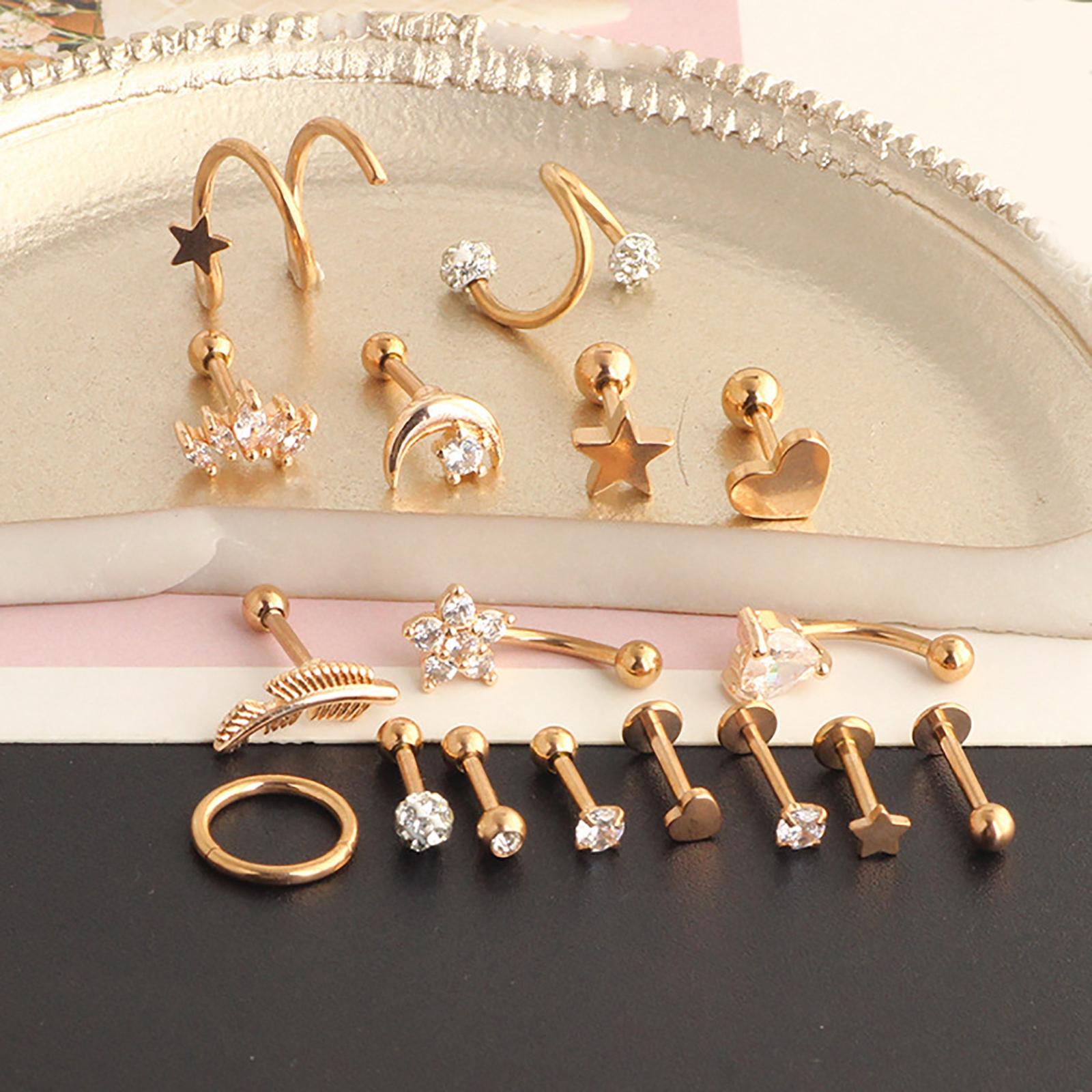 17Pcs Stainless Steel Ear Earrings Piercing Jewelry Nose Rings Gold