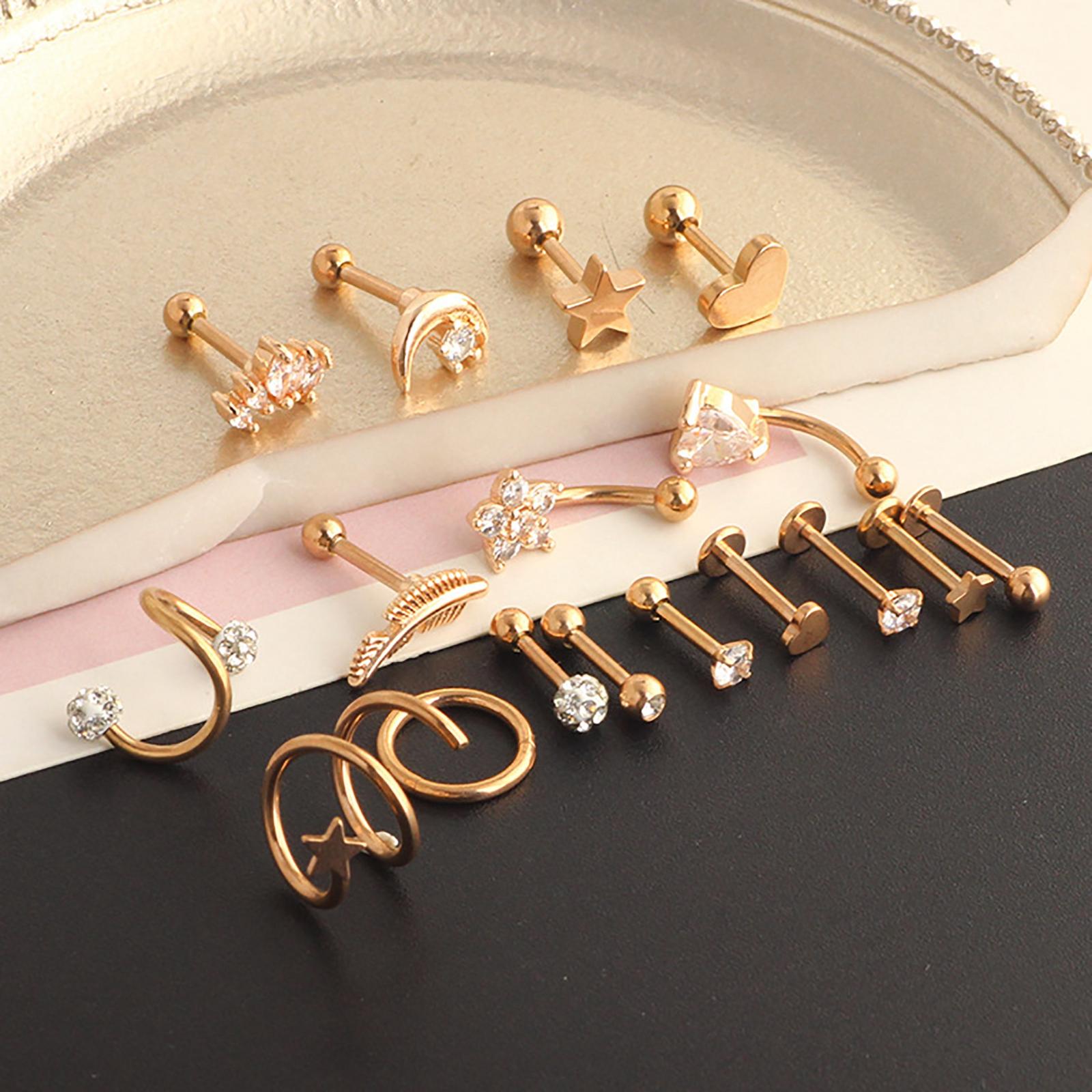 17Pcs Stainless Steel Ear Earrings Piercing Jewelry Nose Rings Gold