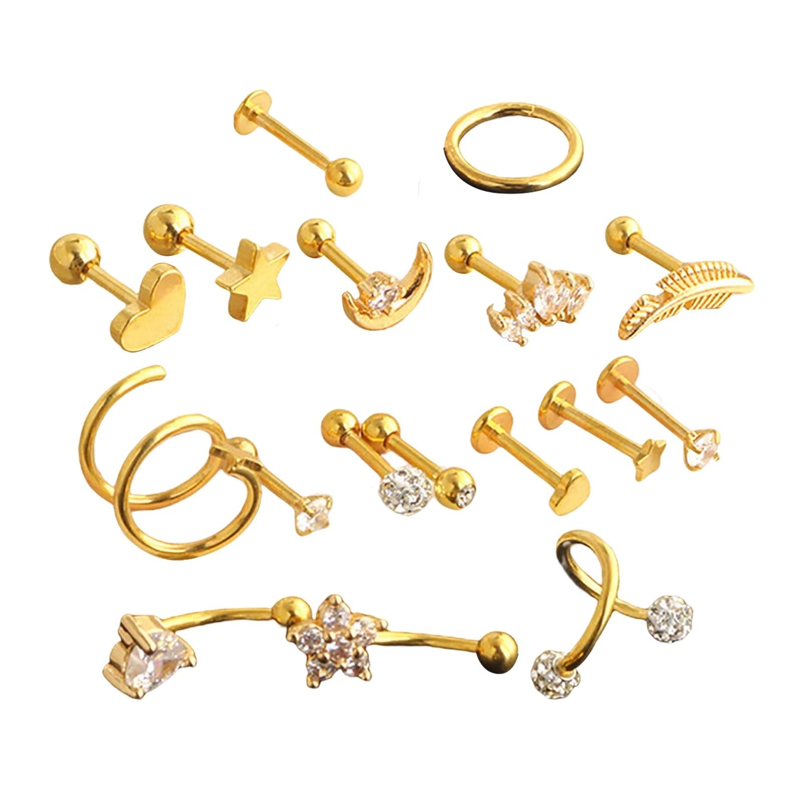 17Pcs Stainless Steel Ear Earrings Piercing Jewelry Nose Rings Gold