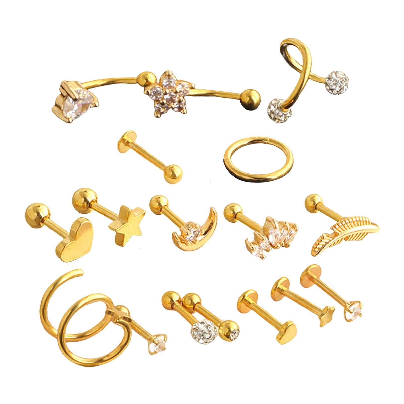17Pcs Stainless Steel Ear Earrings Piercing Jewelry Nose Rings Gold