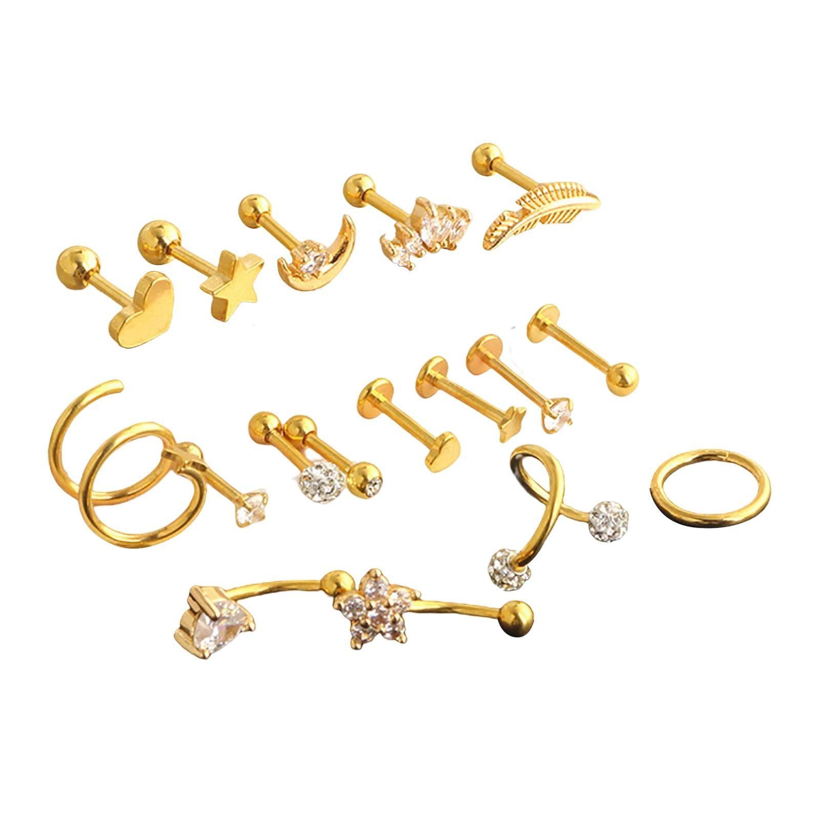 17Pcs Stainless Steel Ear Earrings Piercing Jewelry Nose Rings Gold