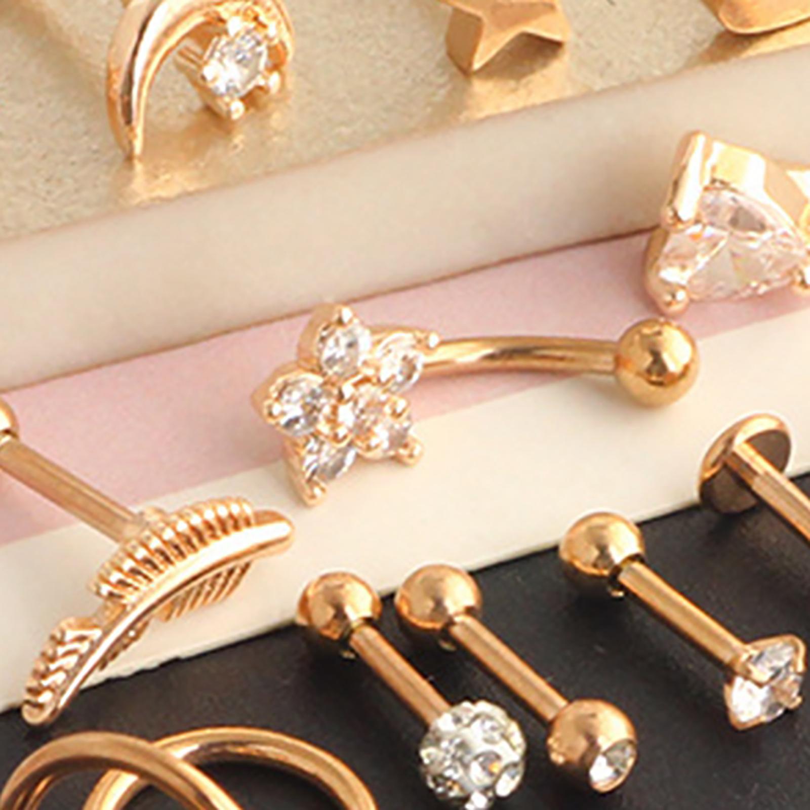 17Pcs Stainless Steel Ear Earrings Piercing Jewelry Nose Rings Rose Gold