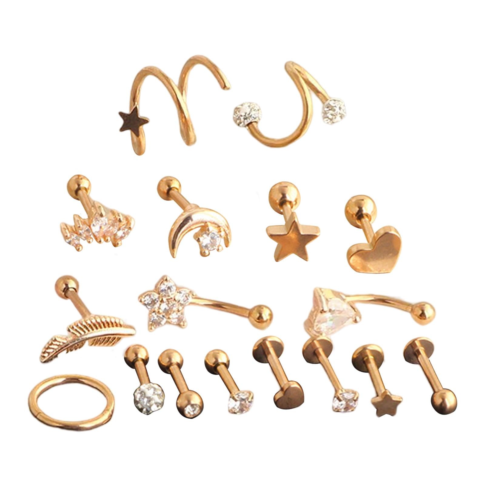 17Pcs Stainless Steel Ear Earrings Piercing Jewelry Nose Rings Rose Gold