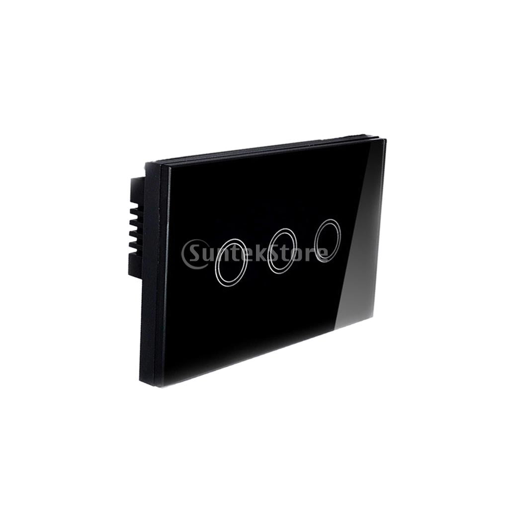 1 Way Wall Touch Panel Light Switch Crystal Glass Panel 120V 3 Gang - Black