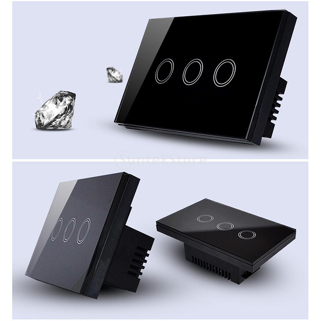 1 Way Wall Touch Panel Light Switch Crystal Glass Panel 120V 3 Gang - Black