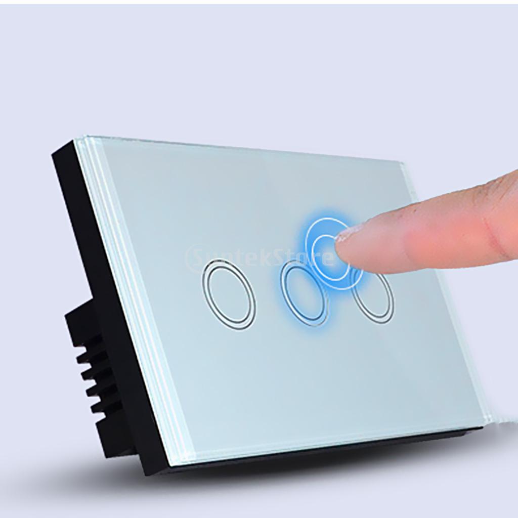 1 Way Wall Touch Panel Light Switch Crystal Glass Panel 120V 3 Gang - White