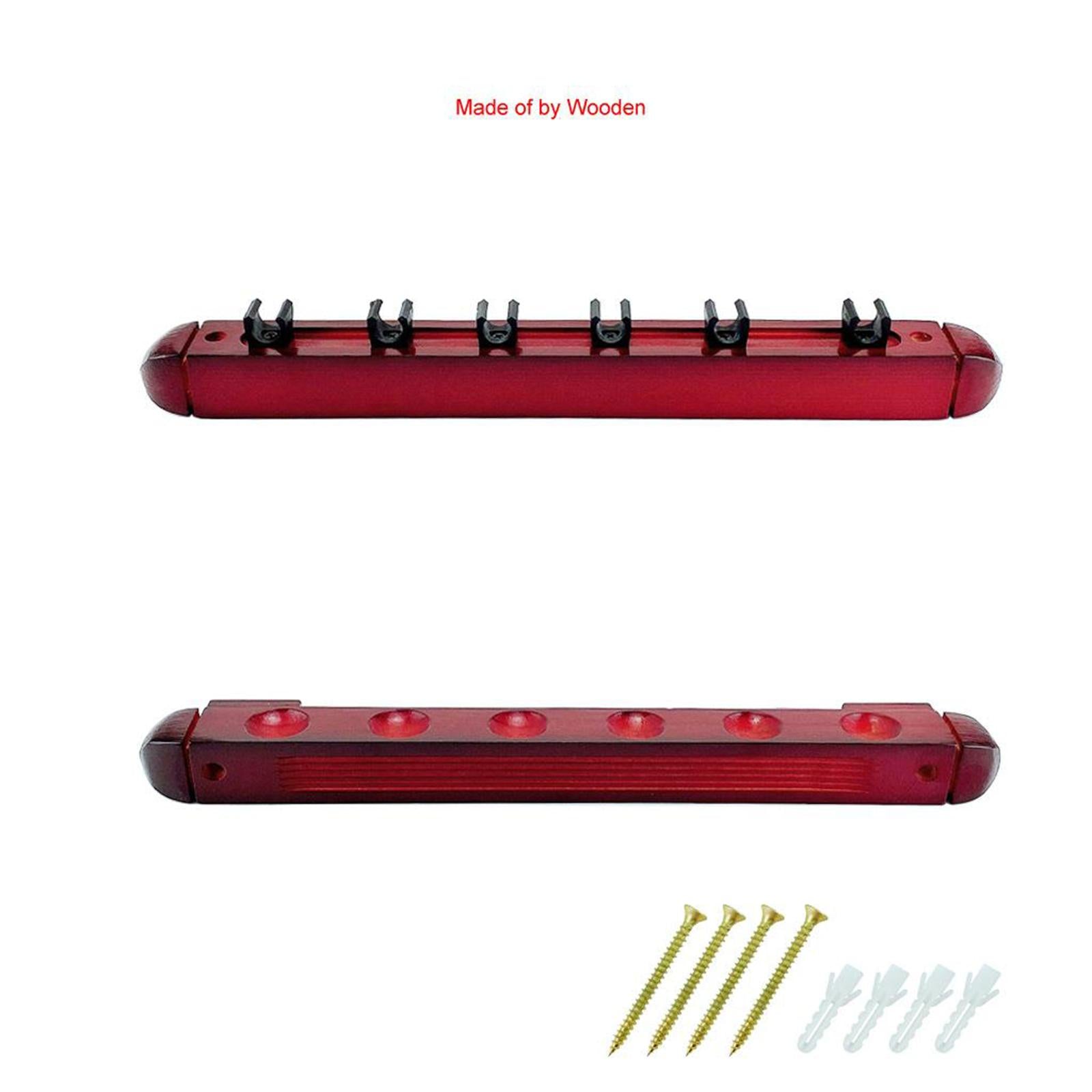 Wooden Pool Cue Rack Wall Mounted Stick Holder Stand with Clips for 6 Queues