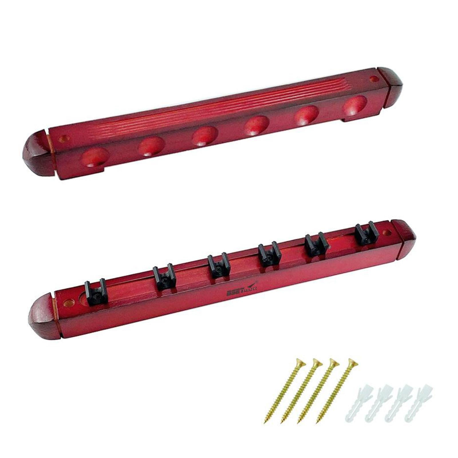 Wooden Pool Cue Rack Wall Mounted Stick Holder Stand with Clips for 6 Queues