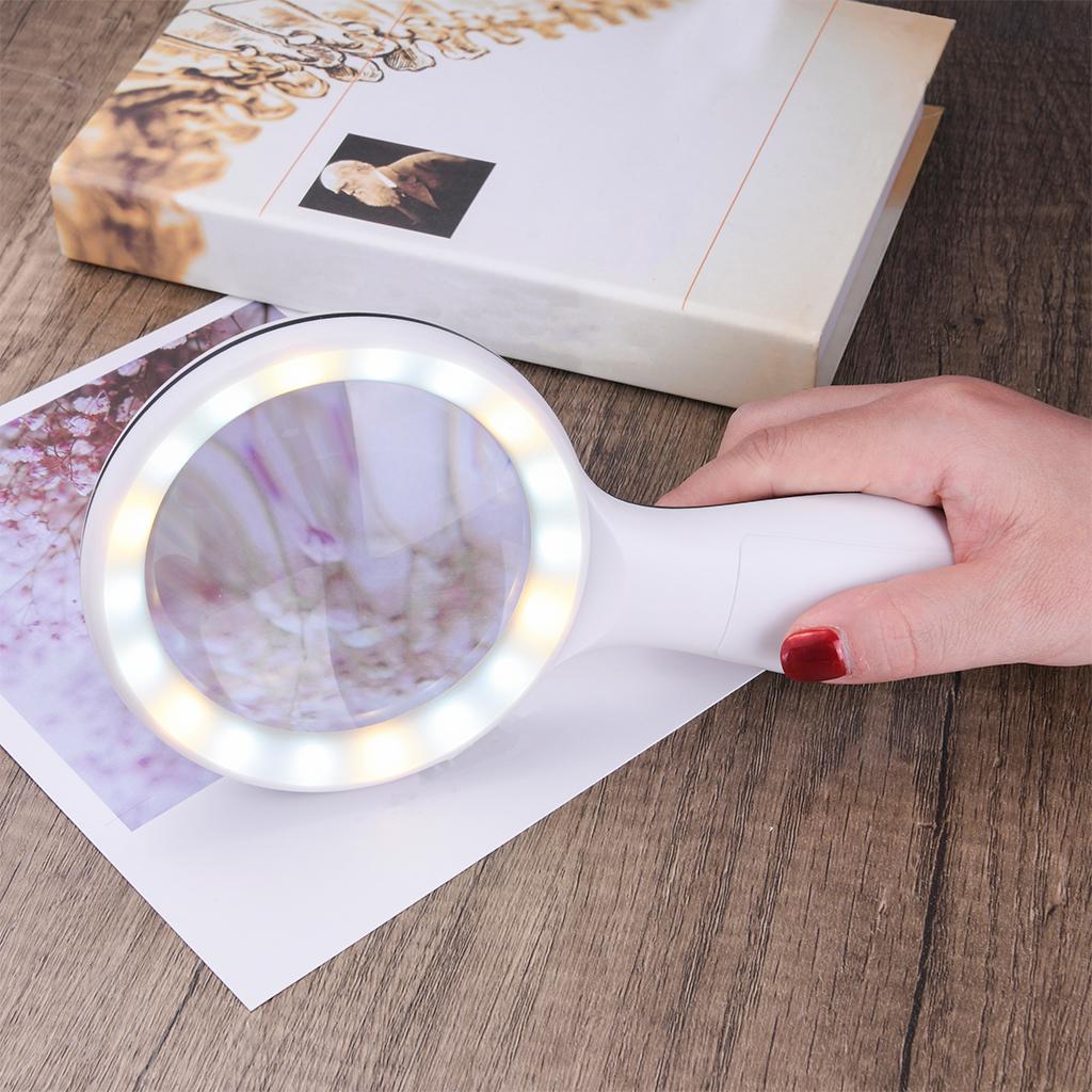 Small Handheld Magnifier with 18 LED Light for Seniors Children Books White