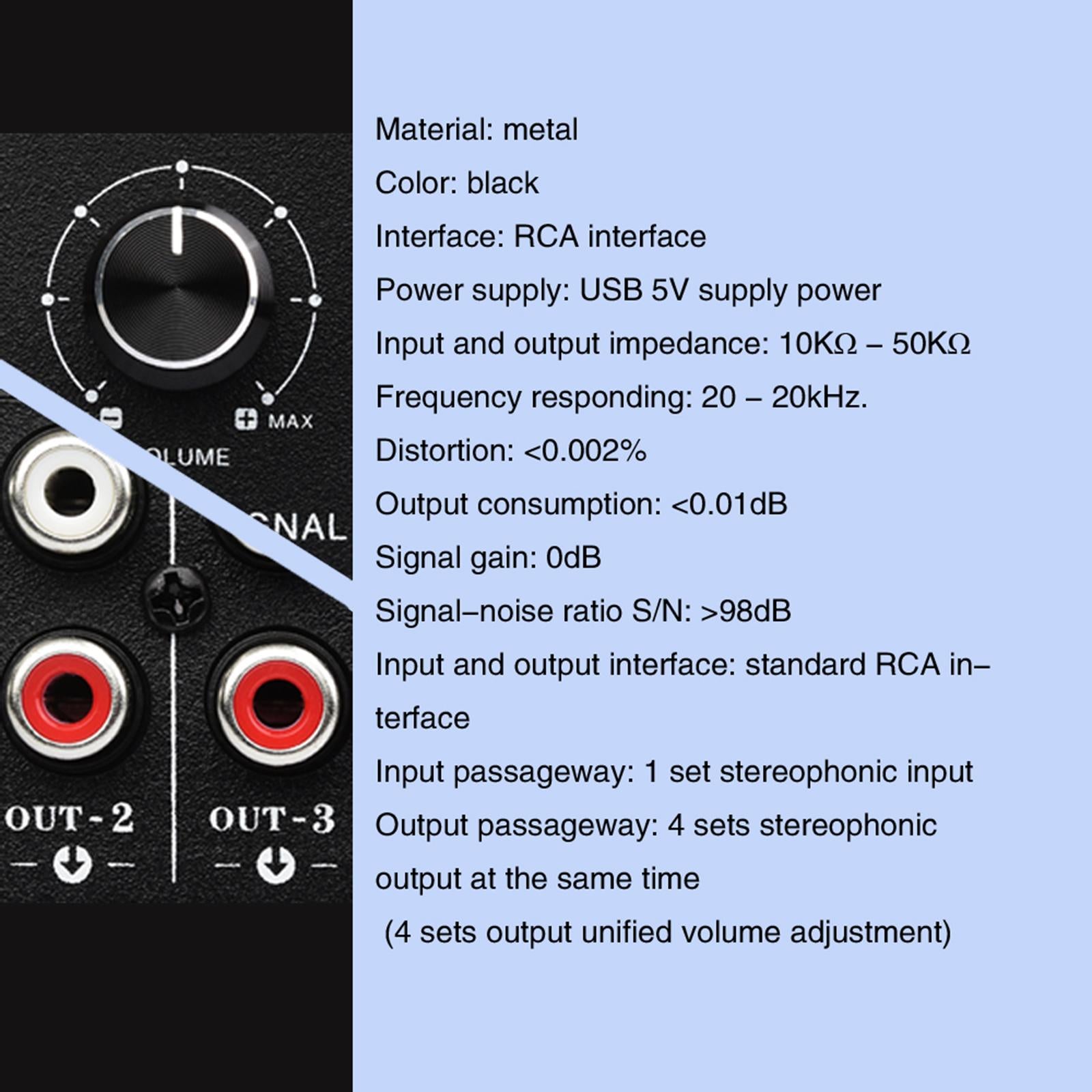 1 in 4 Out RCA Stereo Audio Switch with Volume Controller Composite Selector