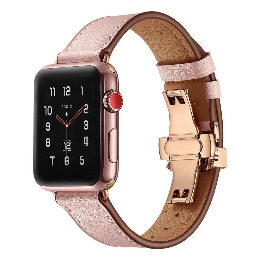 Genuine Leather Watch Replacement Strap for Apple Watch Series 8 7 41mm / Series 6 SE / SE(2022) 5 4 40mm / Series 1 2 3 38mm- Rose Gold Buckle / Pink