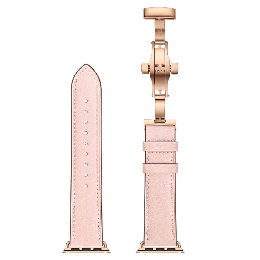 Genuine Leather Watch Replacement Strap for Apple Watch Series 8 7 41mm / Series 6 SE / SE(2022) 5 4 40mm / Series 1 2 3 38mm- Rose Gold Buckle / Pink