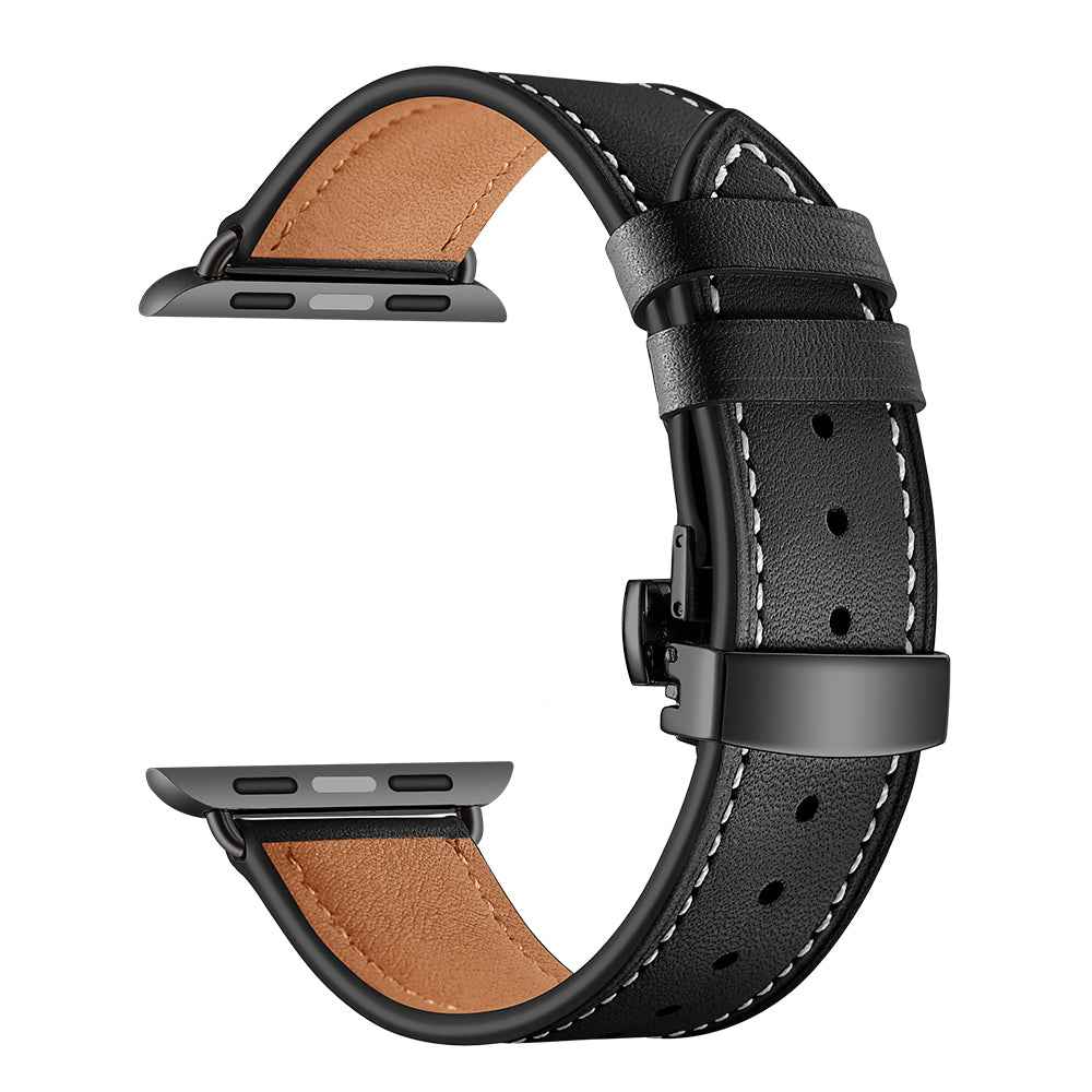 Genuine Leather Watch Replacement Strap for Apple Watch Series 8 7 41mm / Series 6 SE / SE(2022) 5 4 40mm / Series 1 2 3 38mm- Black Buckle / Black
