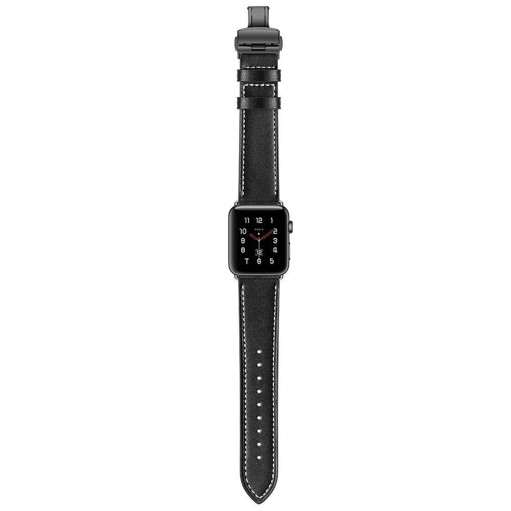 Genuine Leather Watch Replacement Strap for Apple Watch Series 8 7 41mm / Series 6 SE / SE(2022) 5 4 40mm / Series 1 2 3 38mm- Black Buckle / Black
