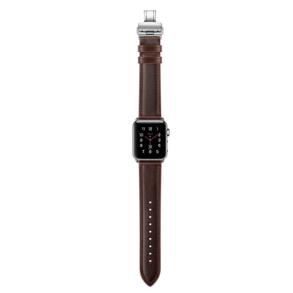 Genuine Leather Watch Band Replacement Strap for Apple Watch Series 8 45mm / Ultra 49mm / 7 45mm / Series 6 SE / SE (2022) 5 4 44mm / Series 1 2 3 42mm - Silver Buckle / Dark Brown