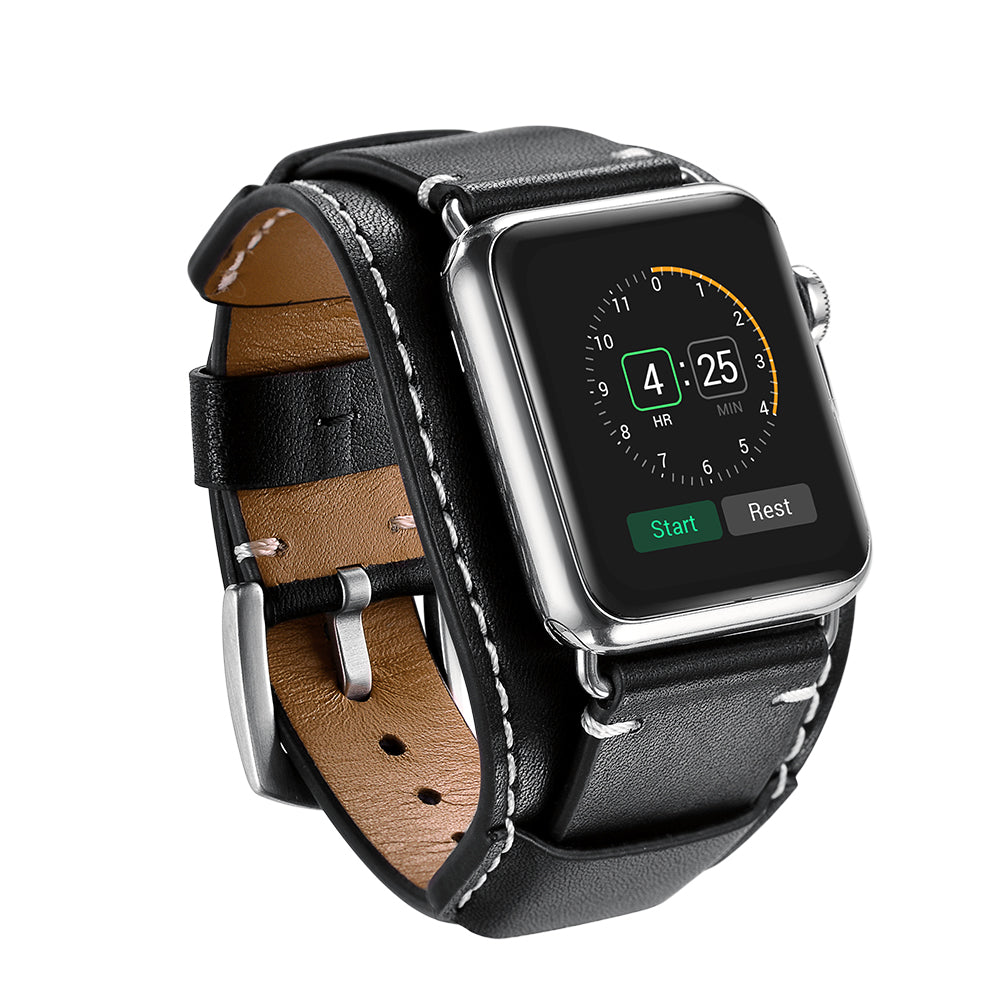 Genuine Leather Smart Watch Band Replacement Strap for Apple Watch Series 8 45mm / Ultra 49mm / 7 45mm / SE / SE (2022) / Series 6 / 5 / 4 44mm / Series 3 / 2 / 1 42mm - Black - UNIQBUY