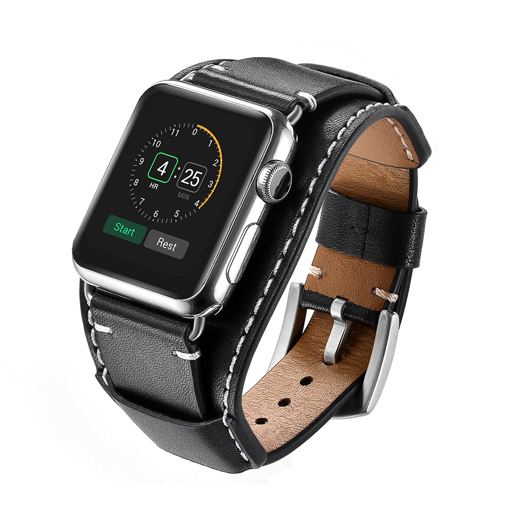Genuine Leather Smart Watch Band Replacement Strap for Apple Watch Series 8 45mm / Ultra 49mm / 7 45mm / SE / SE (2022) / Series 6 / 5 / 4 44mm / Series 3 / 2 / 1 42mm - Black - UNIQBUY