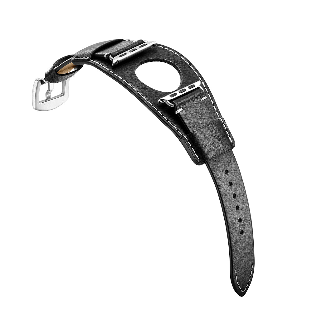 Genuine Leather Smart Watch Band Replacement Strap for Apple Watch Series 8 45mm / Ultra 49mm / 7 45mm / SE / SE (2022) / Series 6 / 5 / 4 44mm / Series 3 / 2 / 1 42mm - Black - UNIQBUY