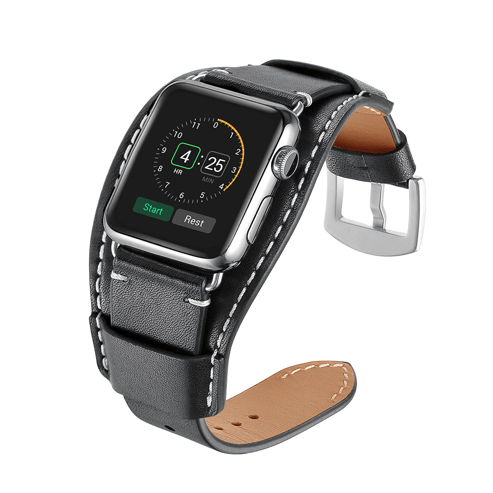 Genuine Leather Smart Watch Band Replacement Strap for Apple Watch Series 8 45mm / Ultra 49mm / 7 45mm / SE / SE (2022) / Series 6 / 5 / 4 44mm / Series 3 / 2 / 1 42mm - Black - UNIQBUY