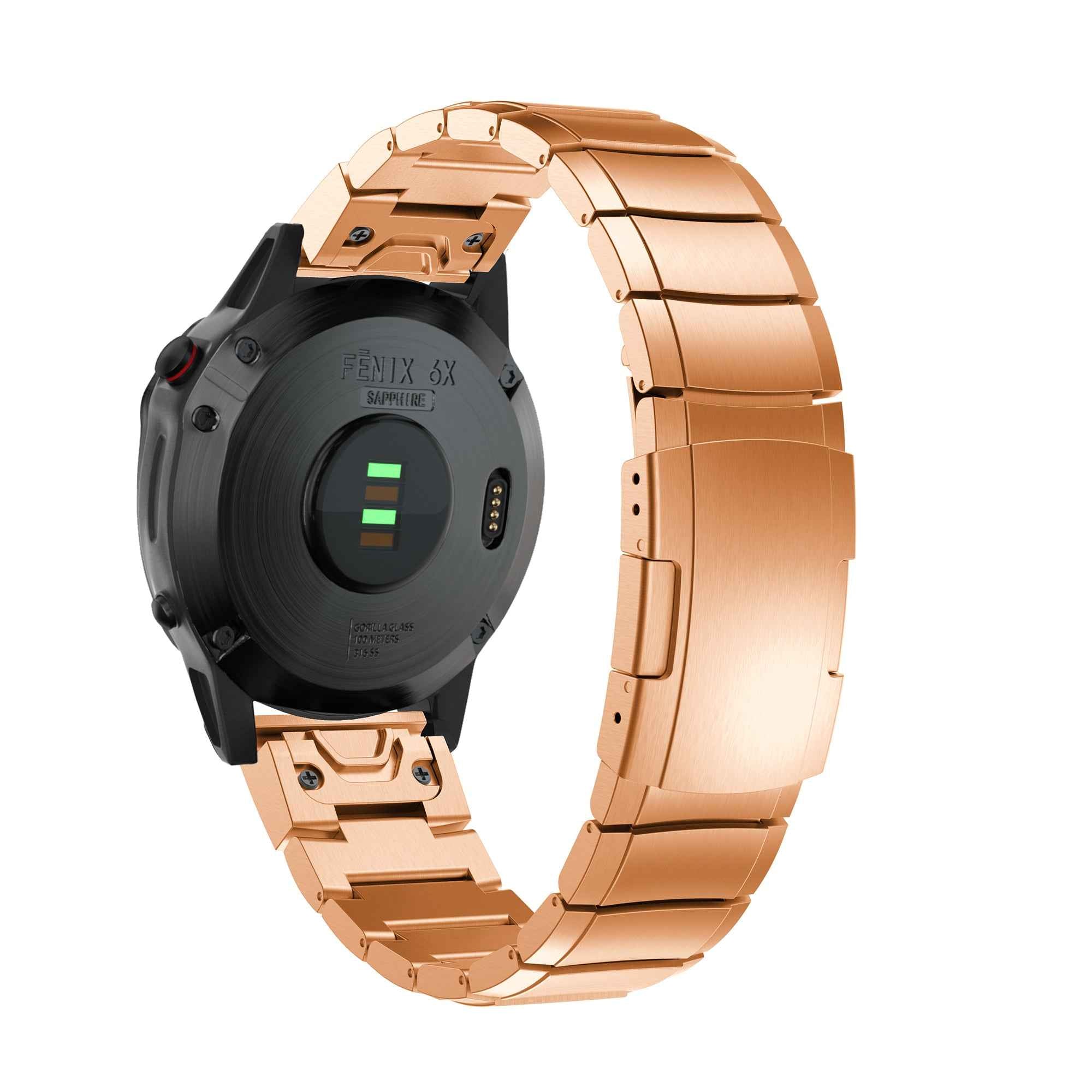 For Garmin Fenix 6X Stainless Steel Watch Band Wrist Strap Replacement with Butterfly Buckle - Rose Gold
