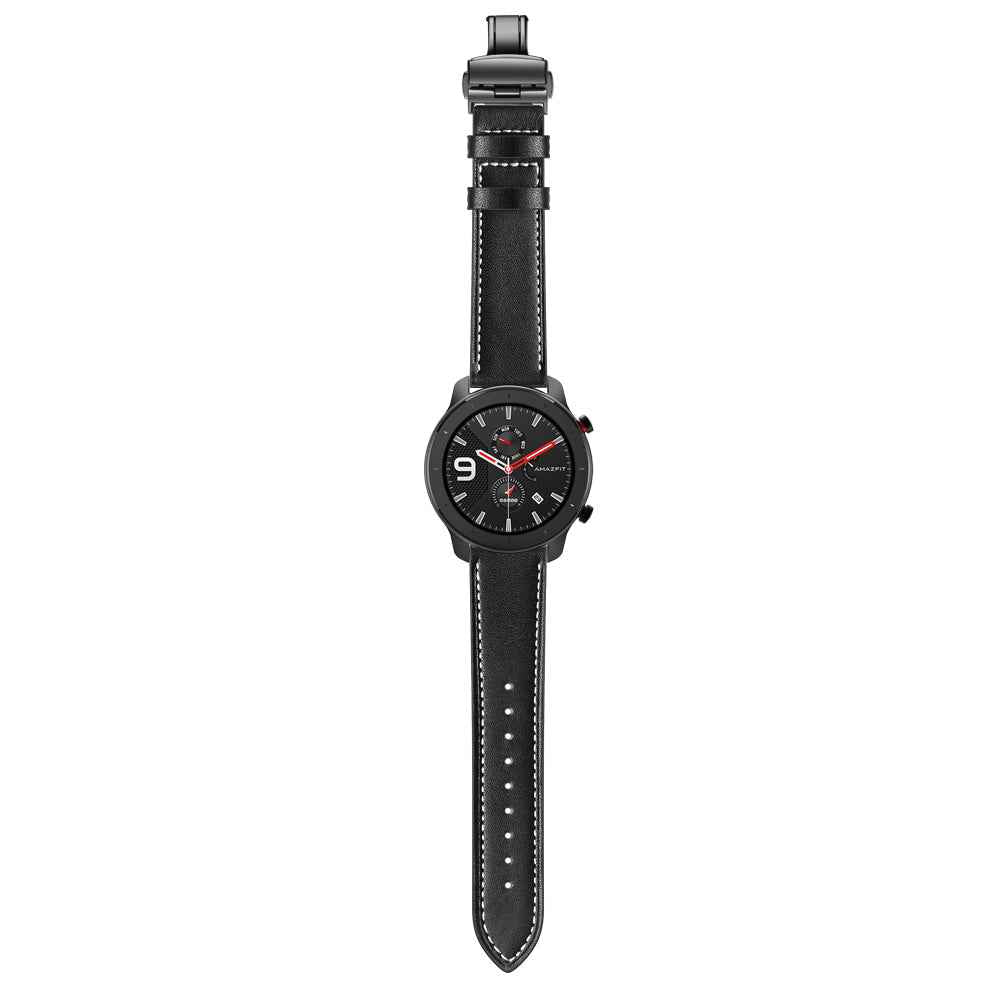20mm Genuine Leather Watch Strap for Huami Amazfit GTR 42mm - Black Butterfly Buckle / Black