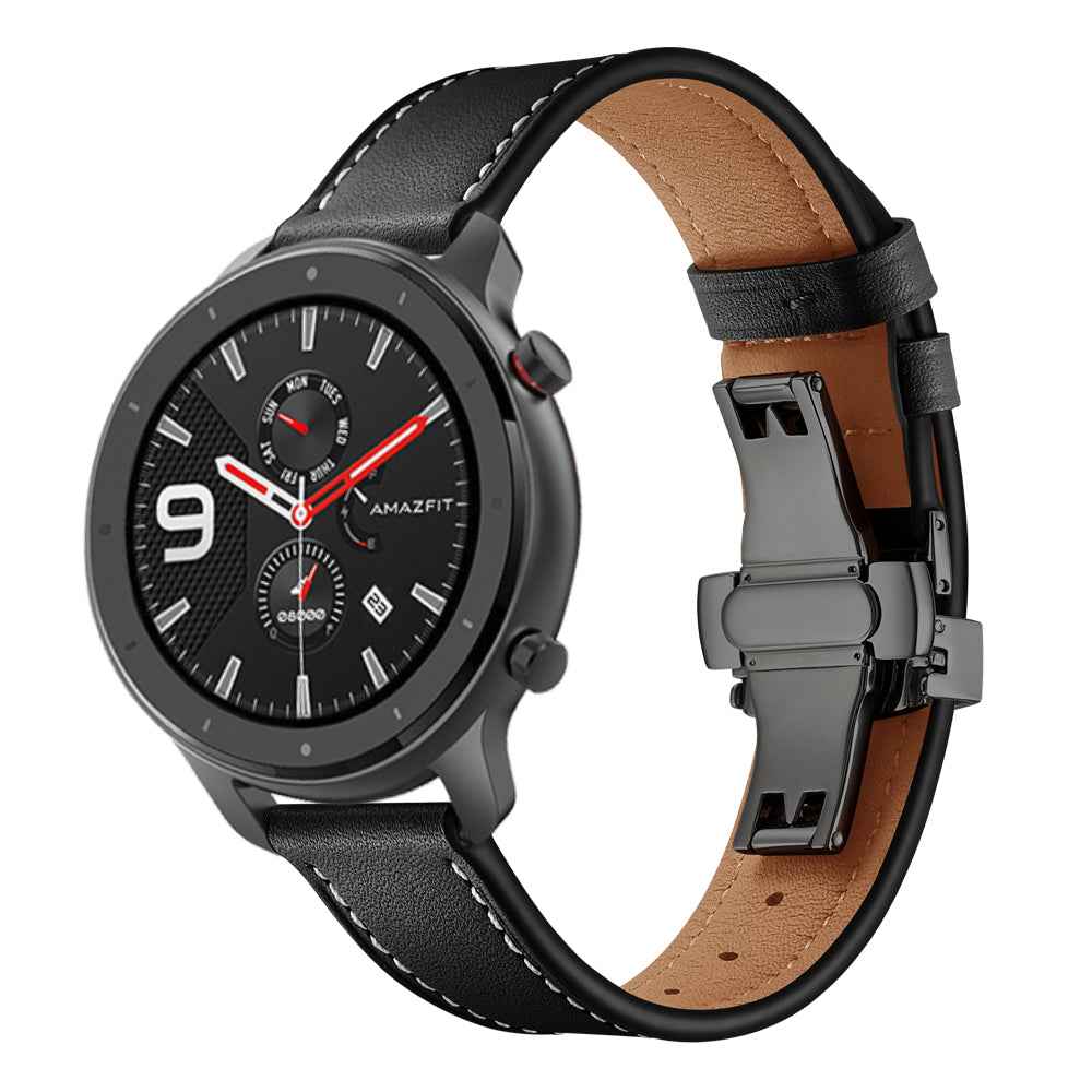 Genuine Leather Watch Band 22mm for Huami Amazfit GTR 47mm - Black Butterfly Buckle / Black