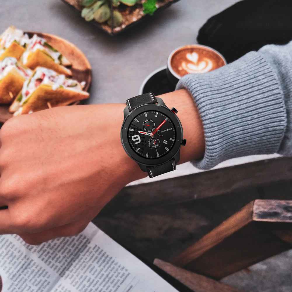 Genuine Leather Watch Band 22mm for Huami Amazfit GTR 47mm - Black Butterfly Buckle / Black