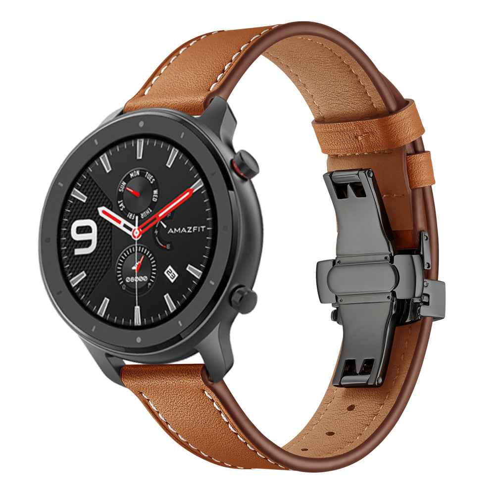 Genuine Leather Watch Band 22mm for Huami Amazfit GTR 47mm - Black Butterfly Buckle / Brown