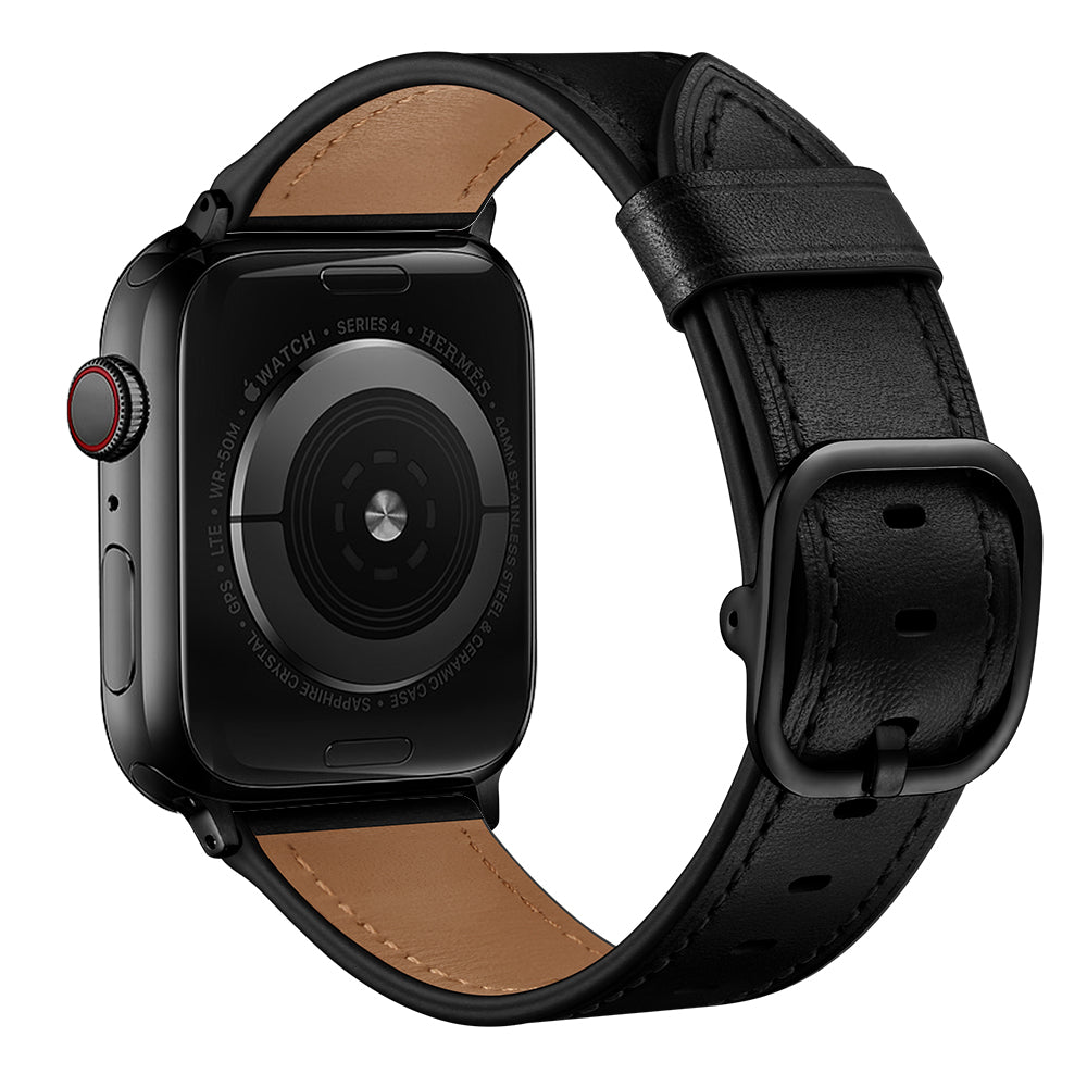 Genuine Leather Watch Band Replacement for Apple Watch Ultra 49mm / Series 8 / 7 45mm / Series 6 / SE / SE (2022) / 5 / 4 44mm / Series 1 / 2 / 3 42mm - Black - UNIQBUY