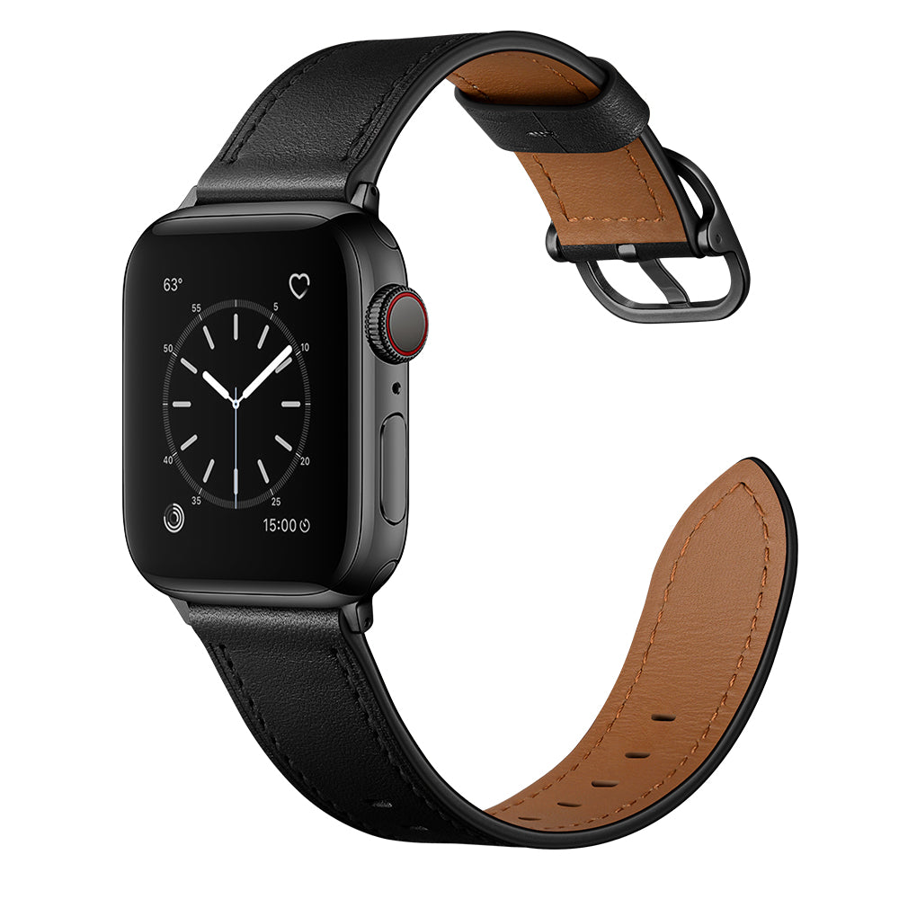 Genuine Leather Watch Band Replacement for Apple Watch Ultra 49mm / Series 8 / 7 45mm / Series 6 / SE / SE (2022) / 5 / 4 44mm / Series 1 / 2 / 3 42mm - Black - UNIQBUY