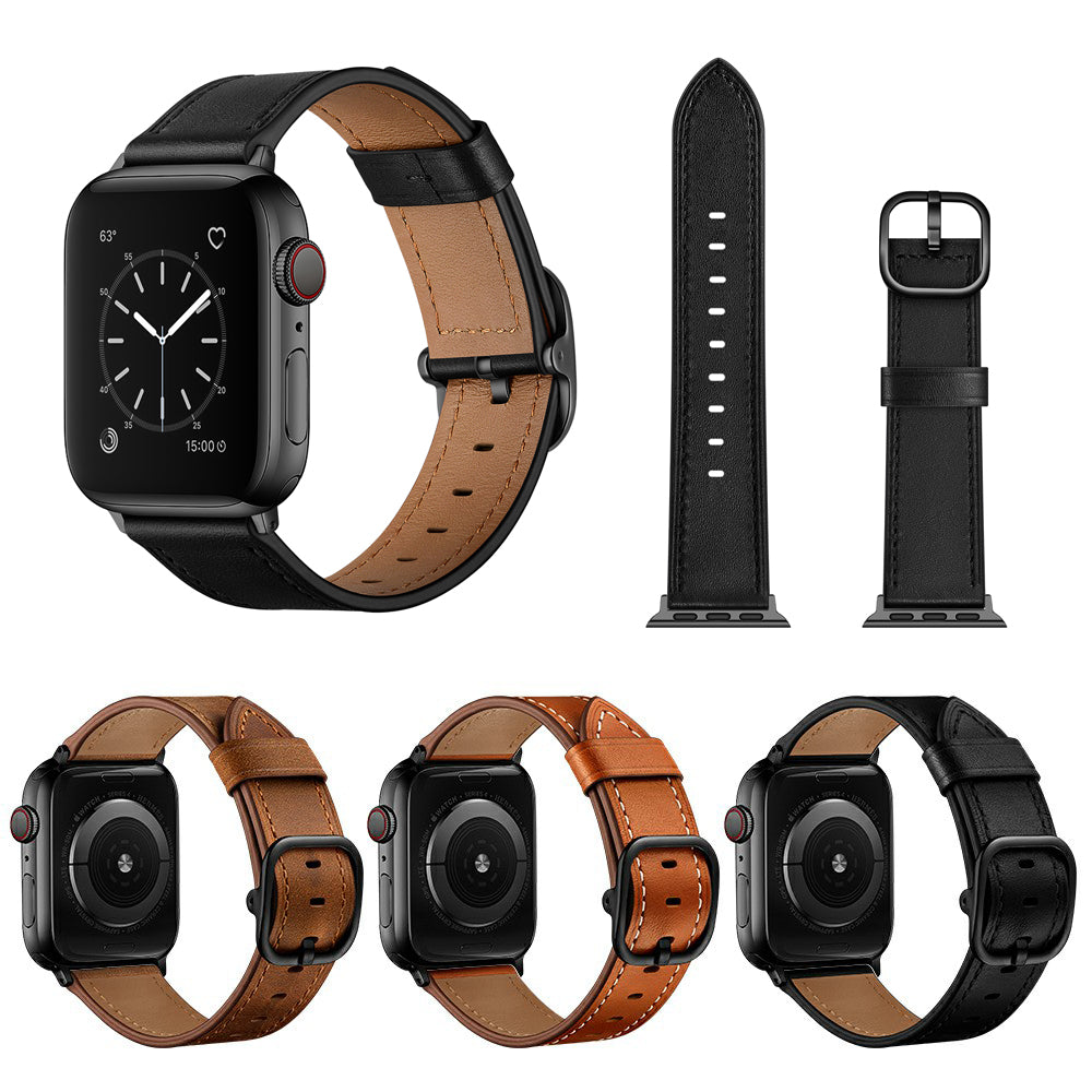 Genuine Leather Watch Band Replacement for Apple Watch Ultra 49mm / Series 8 / 7 45mm / Series 6 / SE / SE (2022) / 5 / 4 44mm / Series 1 / 2 / 3 42mm - Black - UNIQBUY