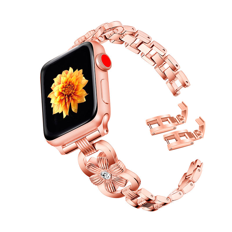 XINCUCO Stainless Steel Chrysanthemum Shaped Rhinestone Decor Watch Strap Replacement for Apple Watch Series 7 / 8 41mm / SE / SE(2022) / Series 6 / 5 / 4 40mm / Series3 / 2 / 1 38mm - Rose Gold - UNIQBUY