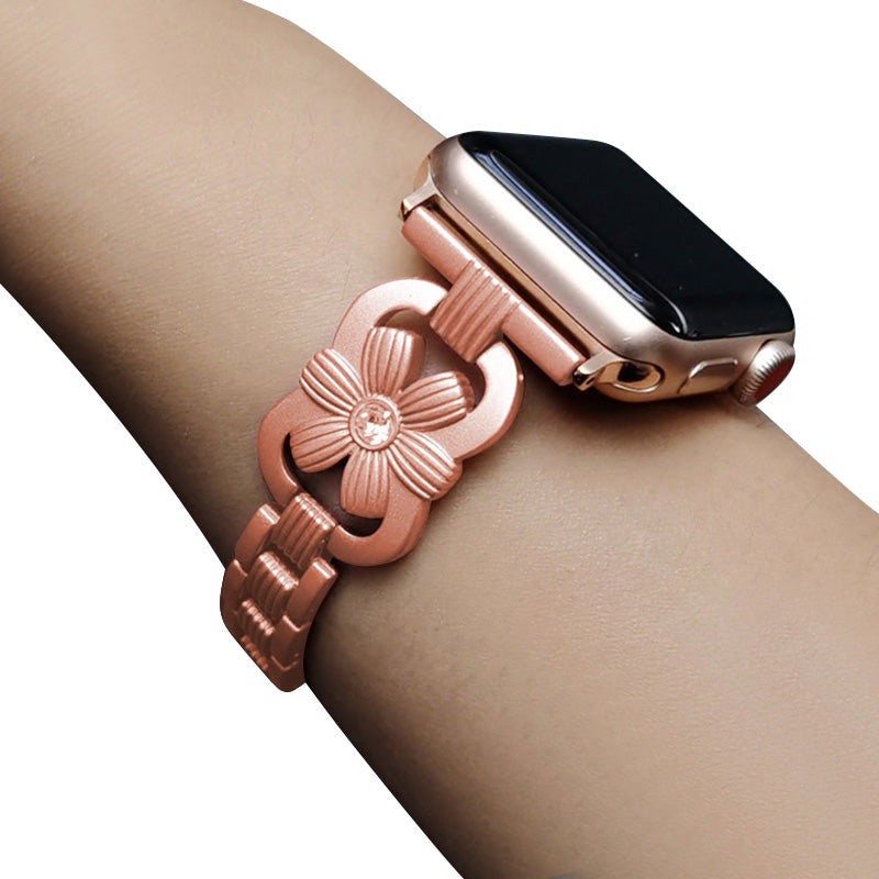 XINCUCO Stainless Steel Chrysanthemum Shaped Rhinestone Decor Watch Strap Replacement for Apple Watch Series 7 / 8 41mm / SE / SE(2022) / Series 6 / 5 / 4 40mm / Series3 / 2 / 1 38mm - Rose Gold - UNIQBUY