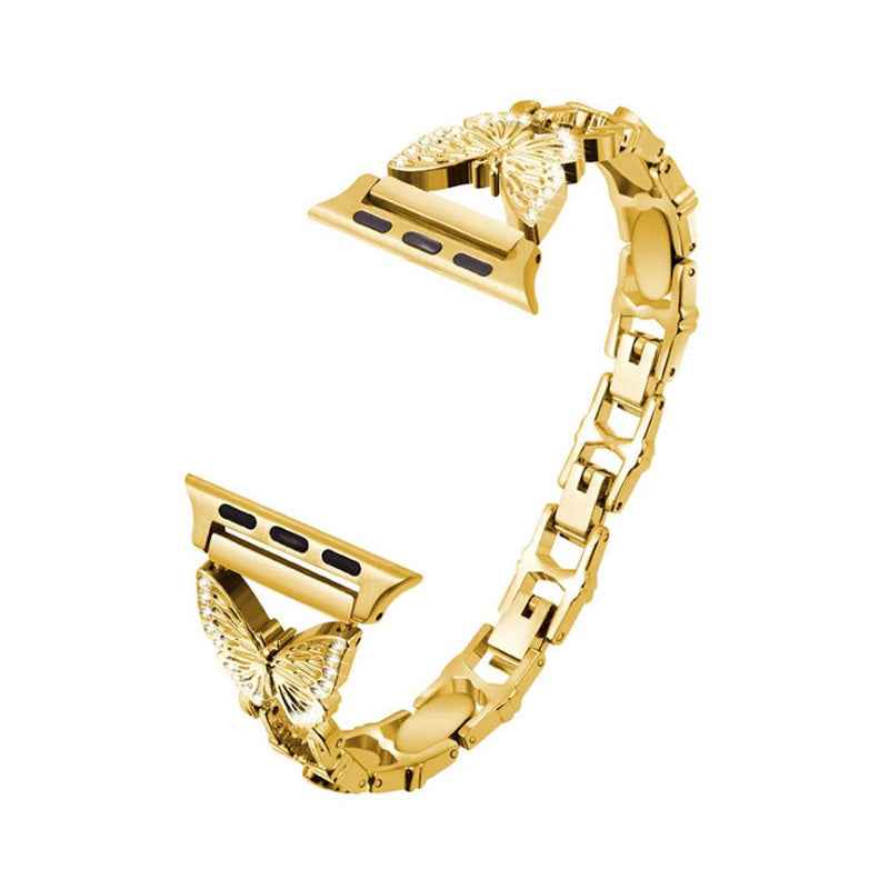 XINCUCO Stainless Steel Butterfly Shape Rhinestone Decor Watch Strap Replacement for Apple Watch Series 7 / 8 41mm / SE / SE(2022) / Series 6 / 5 / 4 40mm / Series3 / 2 / 1 38mm - Gold