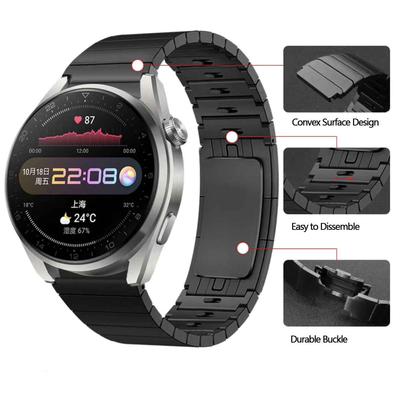 22mm Stainless Steel Quick Release Smart Watch Band Bracelet Strap Replacement for Huawei Watch GT 2 Pro Porsche - Black