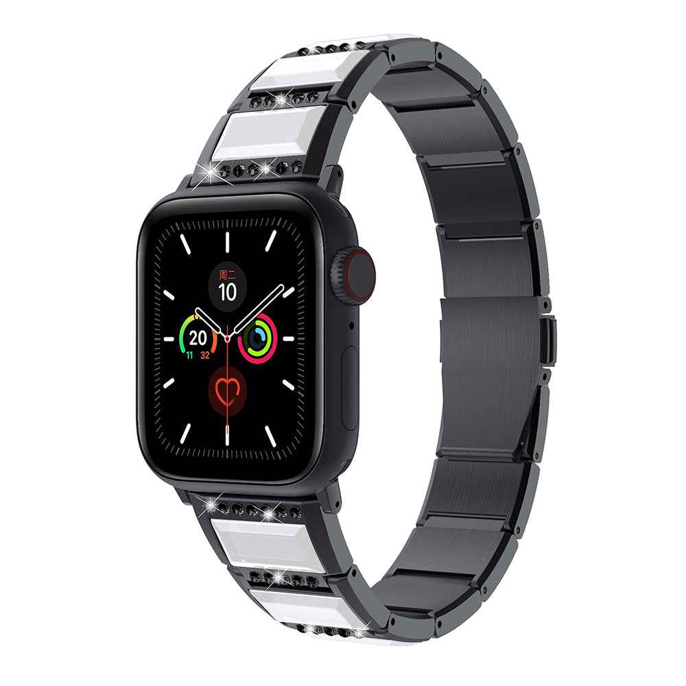 Rhinestone Synthetic Jade Decor Watch Band Stainless Steel Wrist Strap for Apple Watch Series 8 41mm / Series 7 41mm / Watch Series 6 / SE / SE(2022) / 5 / 4 40mm / Watch Series 3 / 2 / 1 38mm - Black / White