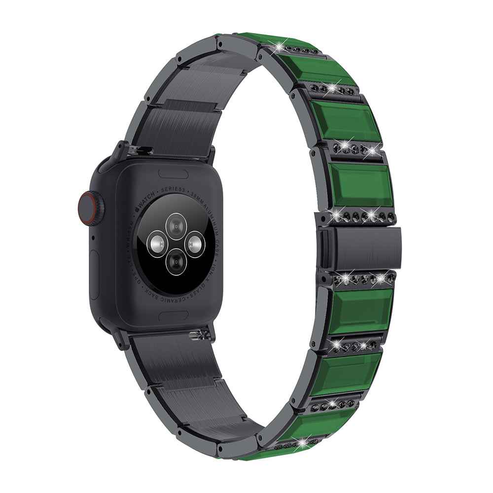 Rhinestone Synthetic Jade Decor Watch Band Stainless Steel Wrist Strap for Apple Watch Series 8 41mm / Series 7 41mm / Watch Series 6 / SE / SE(2022) / 5 / 4 40mm / Watch Series 3 / 2 / 1 38mm - Black / Green