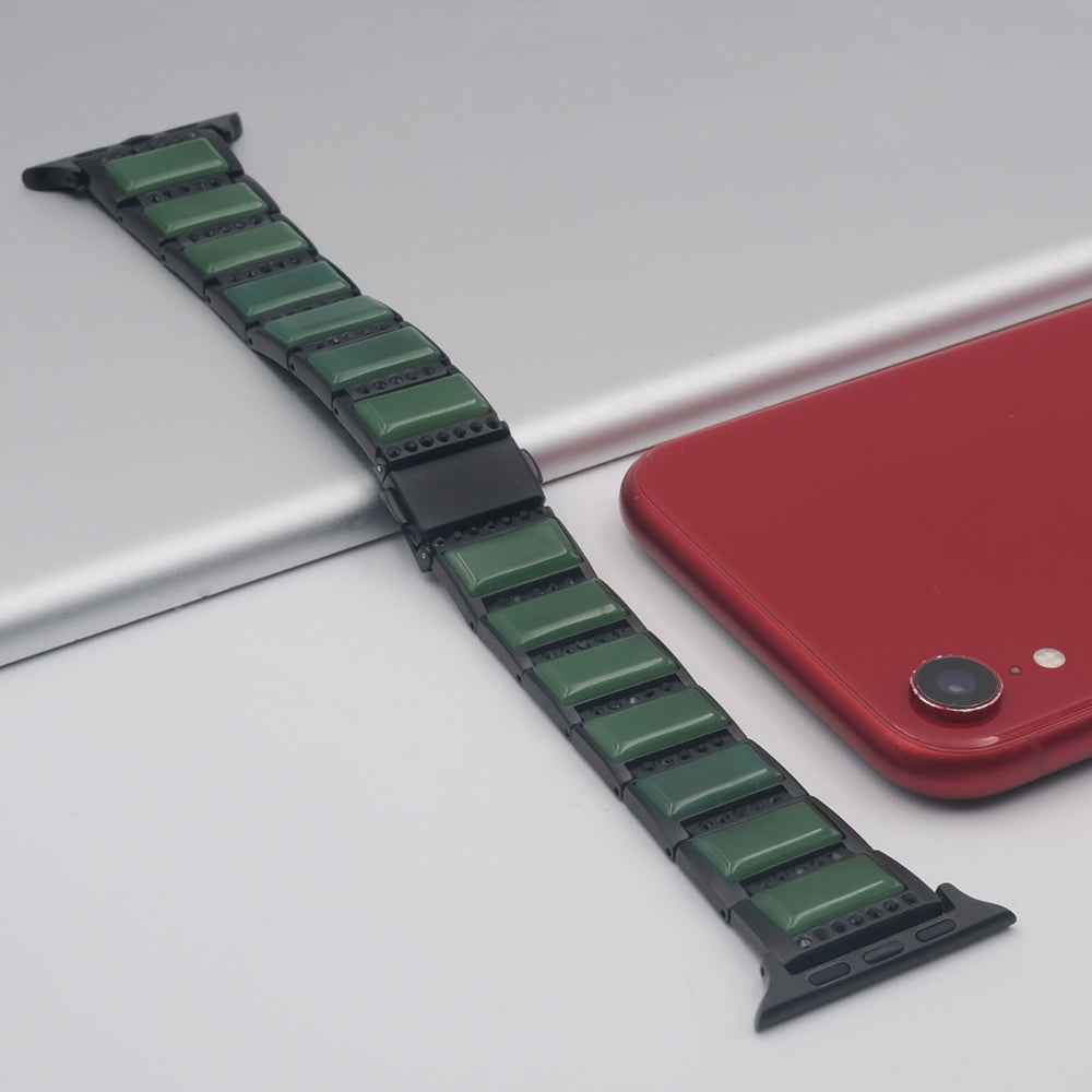 Rhinestone Synthetic Jade Decor Watch Band Stainless Steel Wrist Strap for Apple Watch Series 8 41mm / Series 7 41mm / Watch Series 6 / SE / SE(2022) / 5 / 4 40mm / Watch Series 3 / 2 / 1 38mm - Black / Green