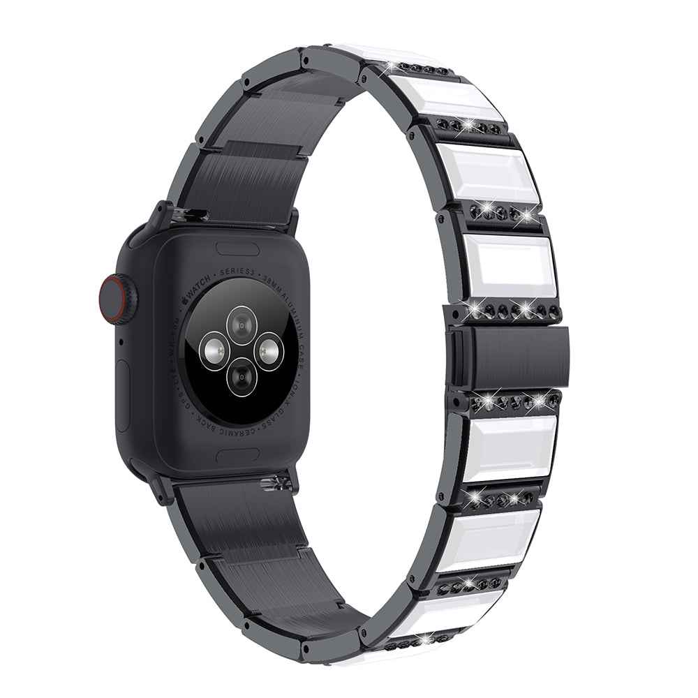 Rhinestone Synthetic Jade Decor Stainless Steel Smart Watch Strap Band Replacement for Apple Watch Ultra 49mm / Series 8 45mm / 7 45mm / Watch Series 6 / SE 44mm / SE (2022) 44mm / 5 / 4 44mm / Watch Series 3 / 2 / 1 42mm - Black / White
