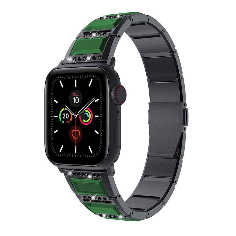 Rhinestone Synthetic Jade Decor Stainless Steel Smart Watch Strap Band Replacement for Apple Watch Ultra 49mm / Series 8 45mm / 7 45mm / Watch Series 6 / SE 44mm / SE (2022) 44mm / 5 / 4 44mm / Watch Series 3 / 2 / 1 42mm - Black / Green